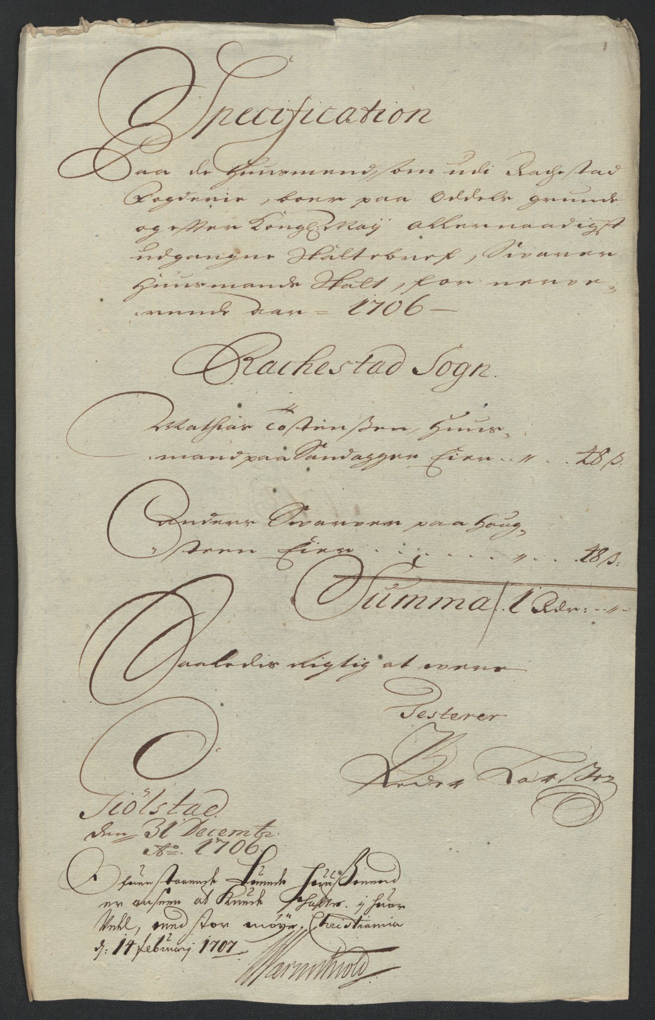 Rentekammeret inntil 1814, Reviderte regnskaper, Fogderegnskap, AV/RA-EA-4092/R07/L0298: Fogderegnskap Rakkestad, Heggen og Frøland, 1706, p. 265