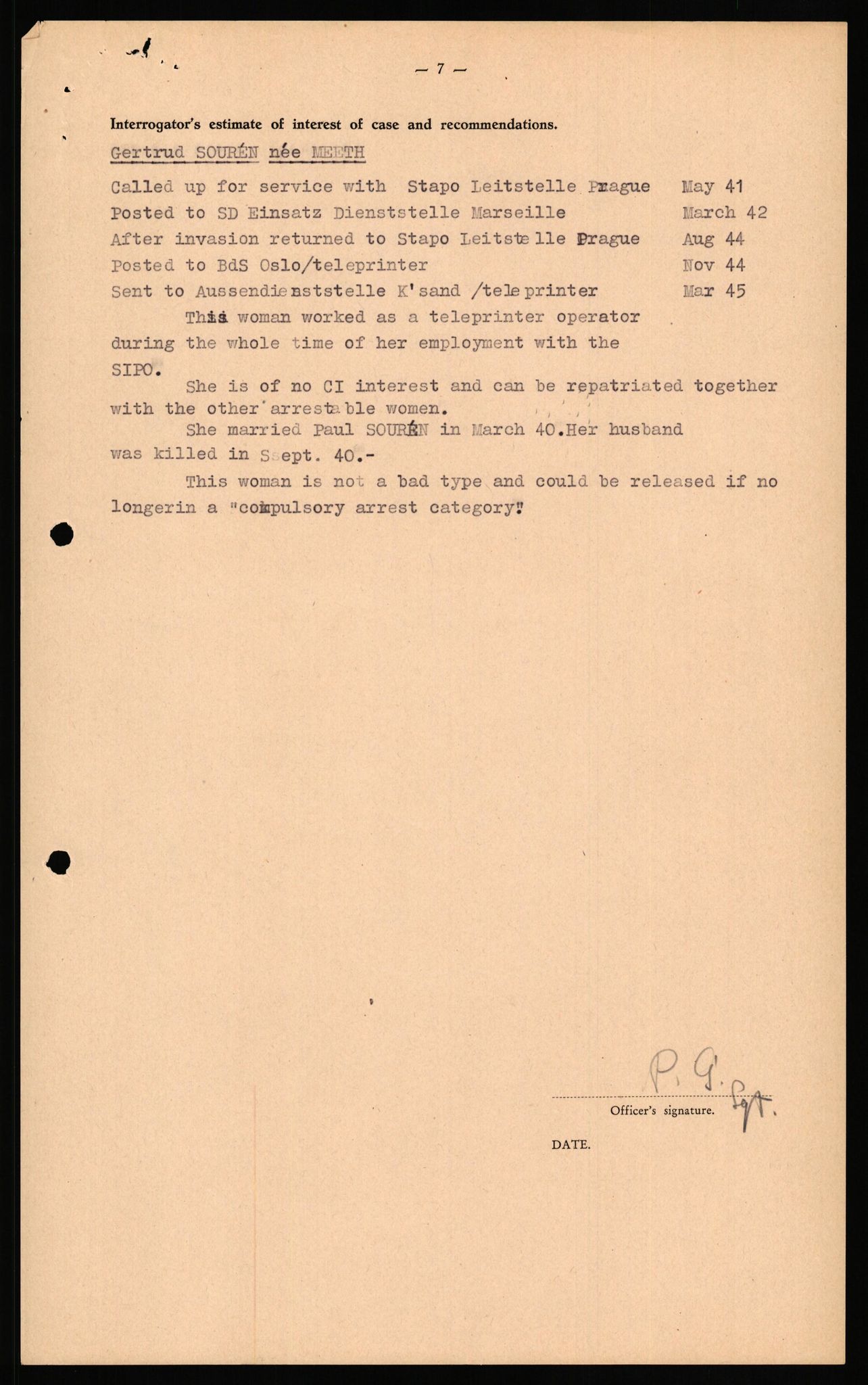 Forsvaret, Forsvarets overkommando II, RA/RAFA-3915/D/Db/L0032: CI Questionaires. Tyske okkupasjonsstyrker i Norge. Tyskere., 1945-1946, p. 185
