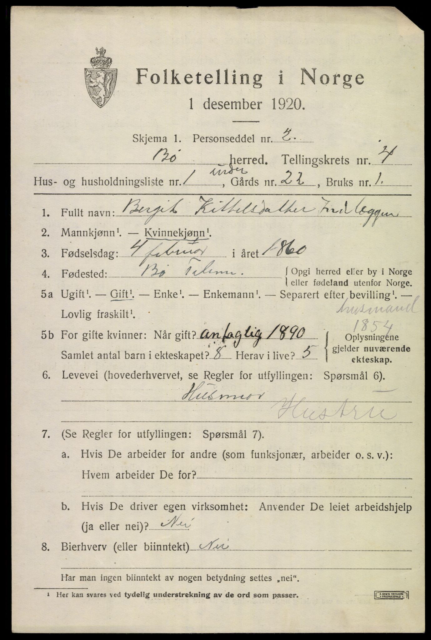 SAKO, 1920 census for Bø (Telemark), 1920, p. 3196