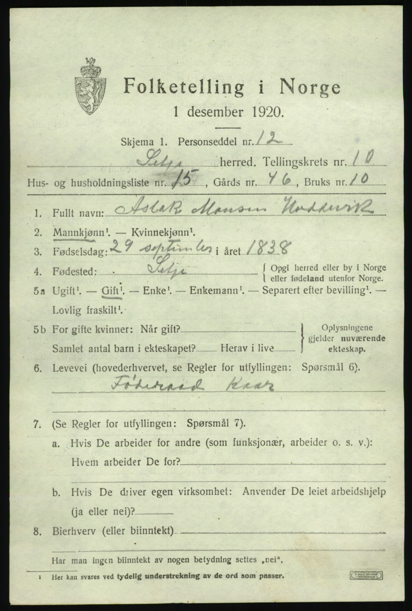 SAB, 1920 census for Selje, 1920, p. 4809