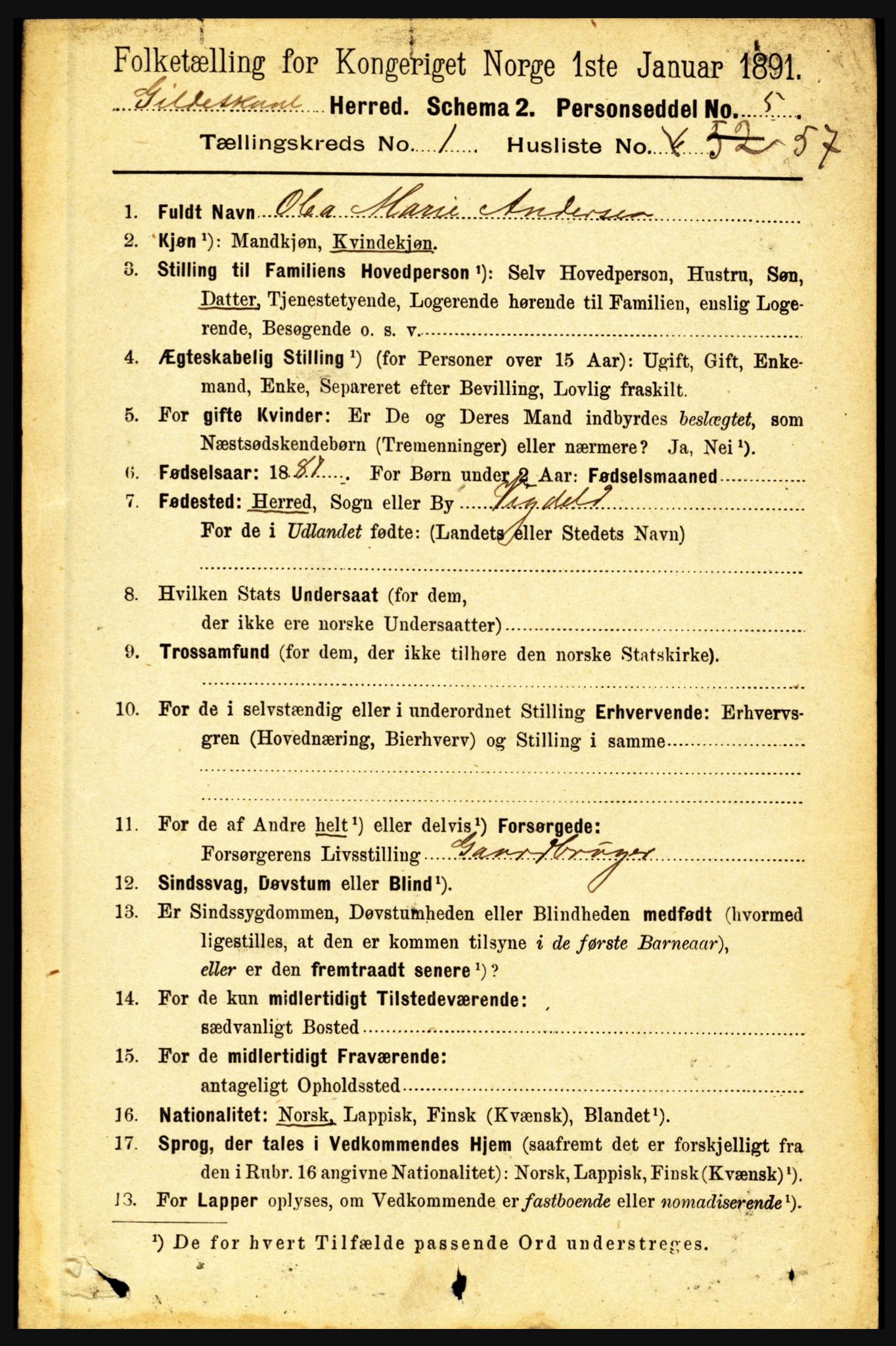 RA, 1891 census for 1838 Gildeskål, 1891, p. 481