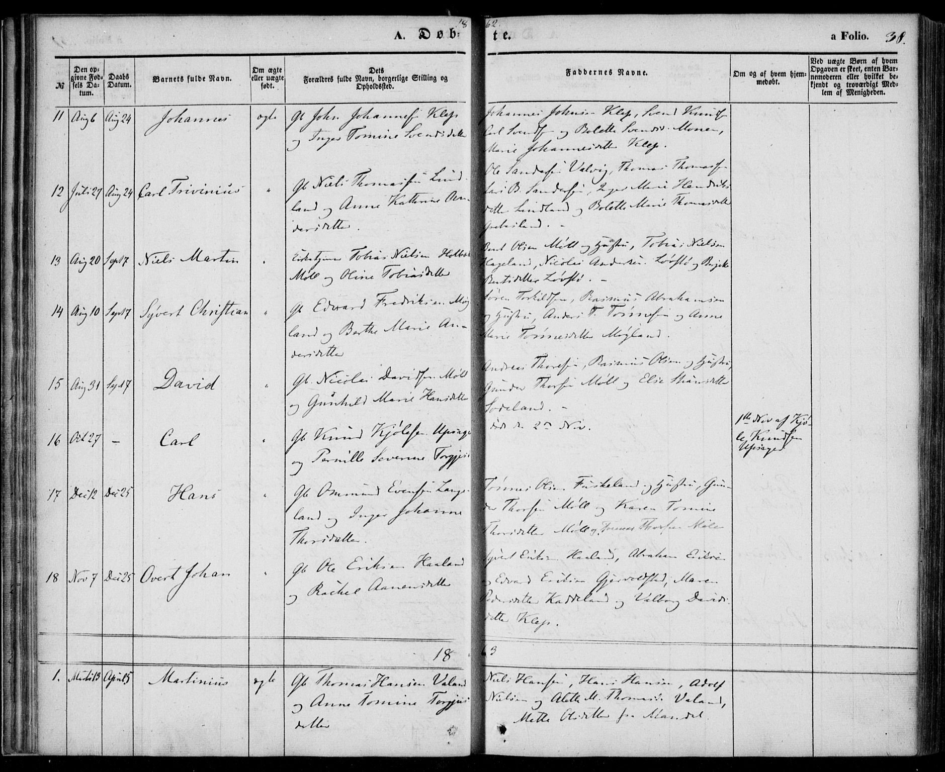 Holum sokneprestkontor, AV/SAK-1111-0022/F/Fa/Faa/L0005: Parish register (official) no. A 5, 1850-1864, p. 38