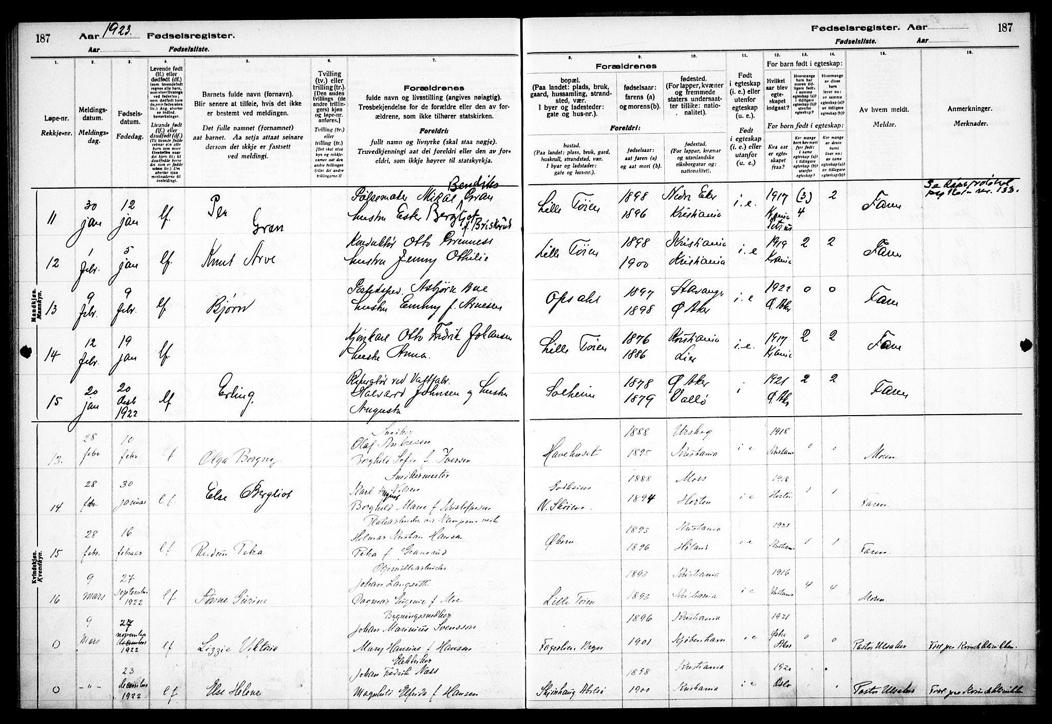 Østre Aker prestekontor Kirkebøker, AV/SAO-A-10840/J/Ja/L0001: Birth register no. I 1, 1916-1923, p. 187