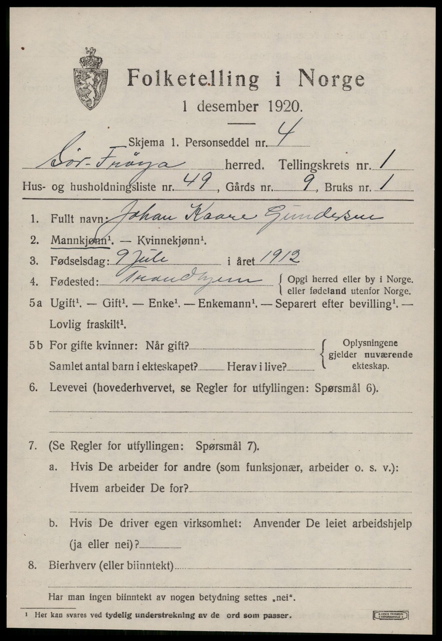 SAT, 1920 census for Sør-Frøya, 1920, p. 1495