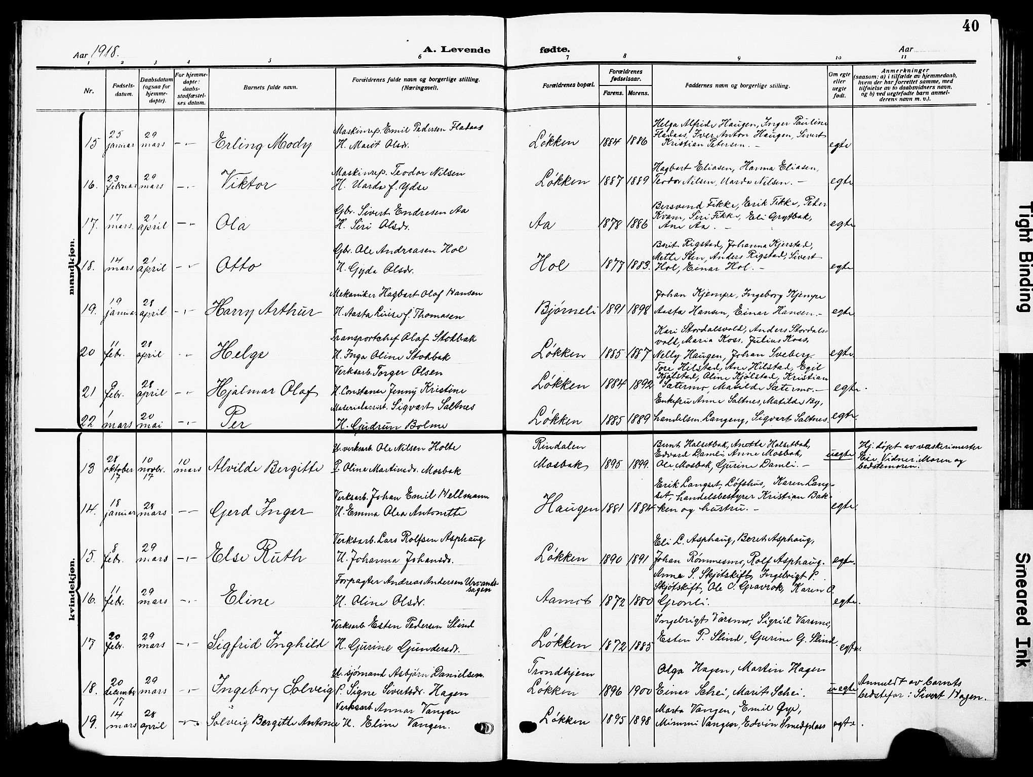 Ministerialprotokoller, klokkerbøker og fødselsregistre - Sør-Trøndelag, AV/SAT-A-1456/672/L0865: Parish register (copy) no. 672C04, 1914-1928, p. 40