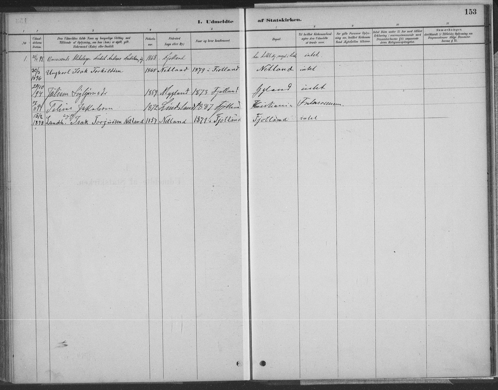 Fjotland sokneprestkontor, AV/SAK-1111-0010/F/Fa/L0002: Parish register (official) no. A 2, 1880-1898, p. 153