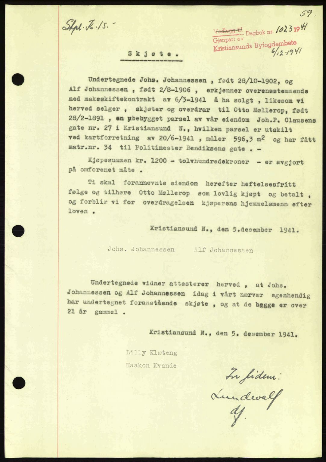 Kristiansund byfogd, AV/SAT-A-4587/A/27: Mortgage book no. 34, 1941-1945, Diary no: : 1023/1941