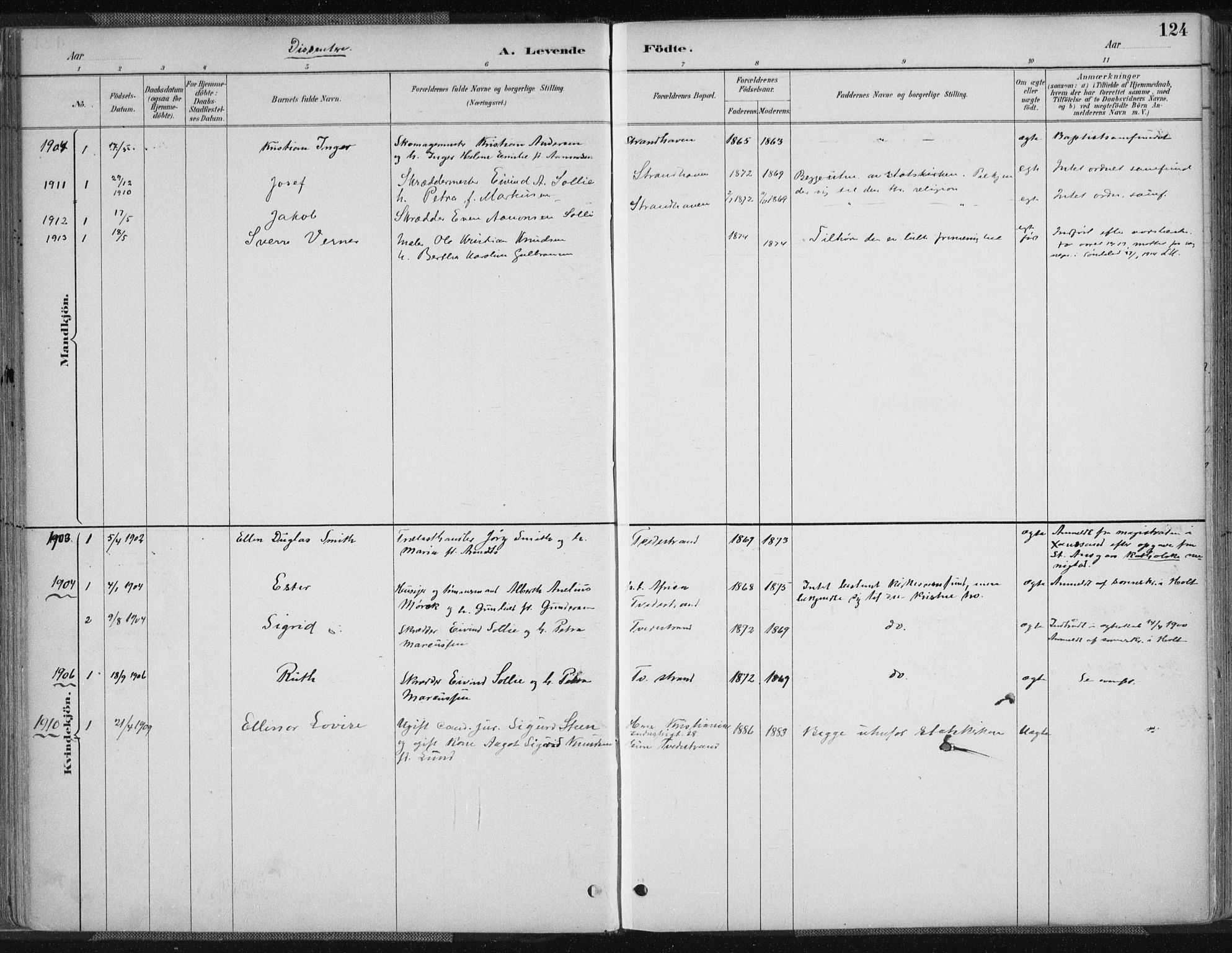 Tvedestrand sokneprestkontor, SAK/1111-0042/F/Fa/L0001: Parish register (official) no. A 1, 1885-1916, p. 124