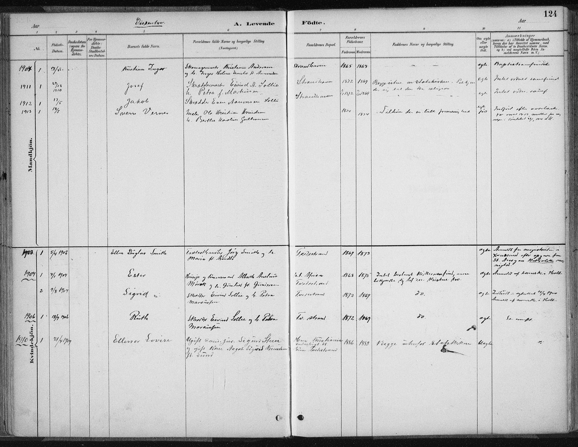 Tvedestrand sokneprestkontor, AV/SAK-1111-0042/F/Fa/L0001: Parish register (official) no. A 1, 1885-1916, p. 124