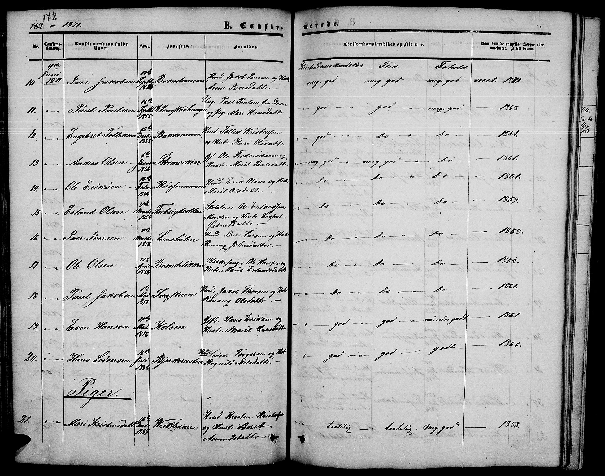 Nord-Fron prestekontor, SAH/PREST-080/H/Ha/Hab/L0003: Parish register (copy) no. 3, 1851-1886, p. 172