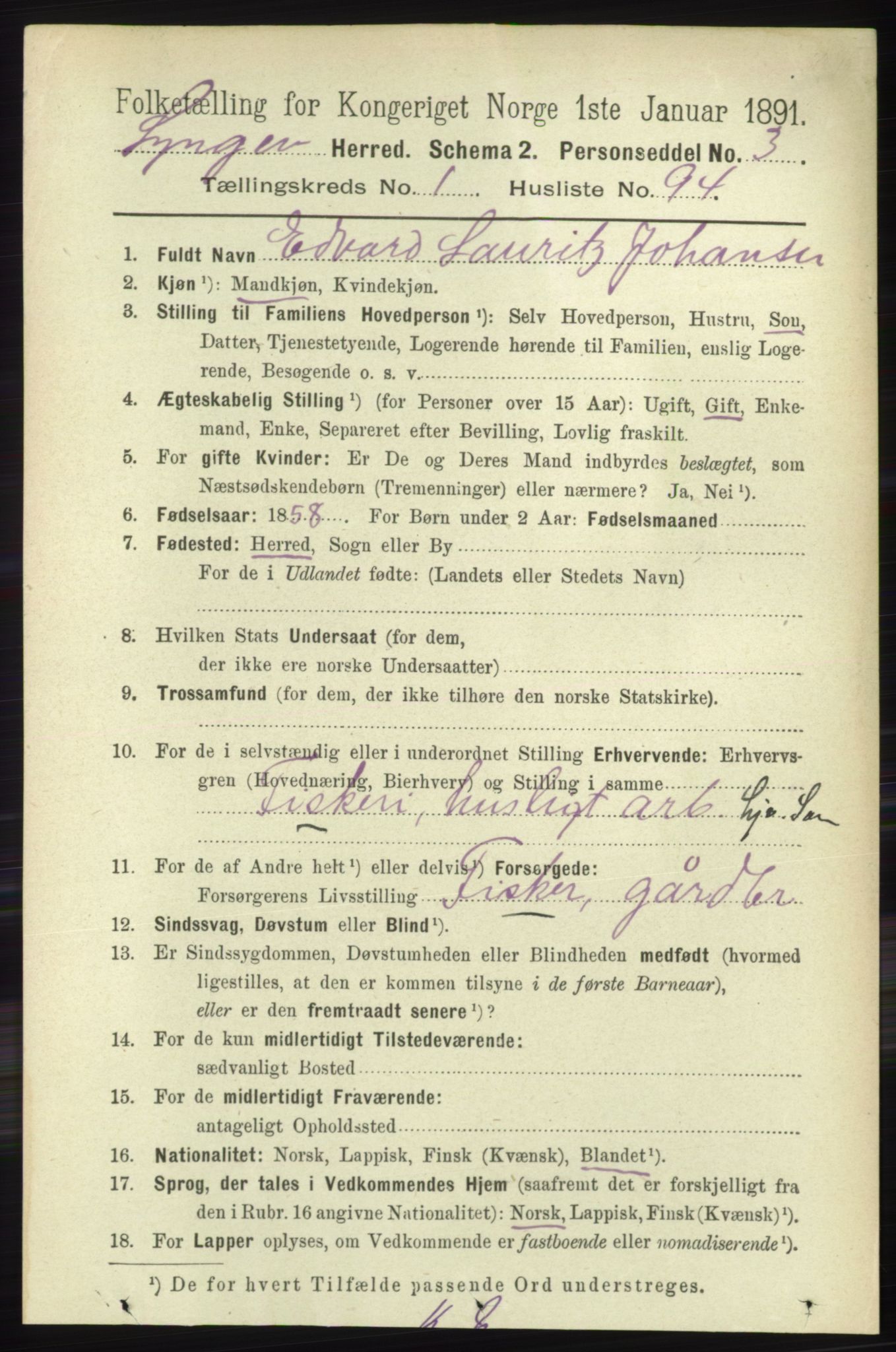 RA, 1891 census for 1938 Lyngen, 1891, p. 899