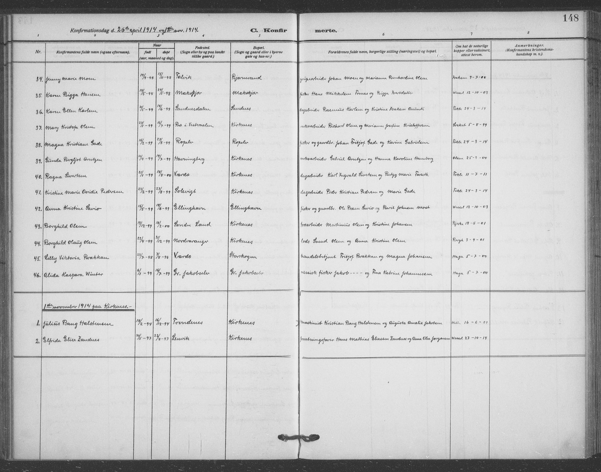 Sør-Varanger sokneprestkontor, AV/SATØ-S-1331/H/Ha/L0005kirke: Parish register (official) no. 5, 1909-1919, p. 148
