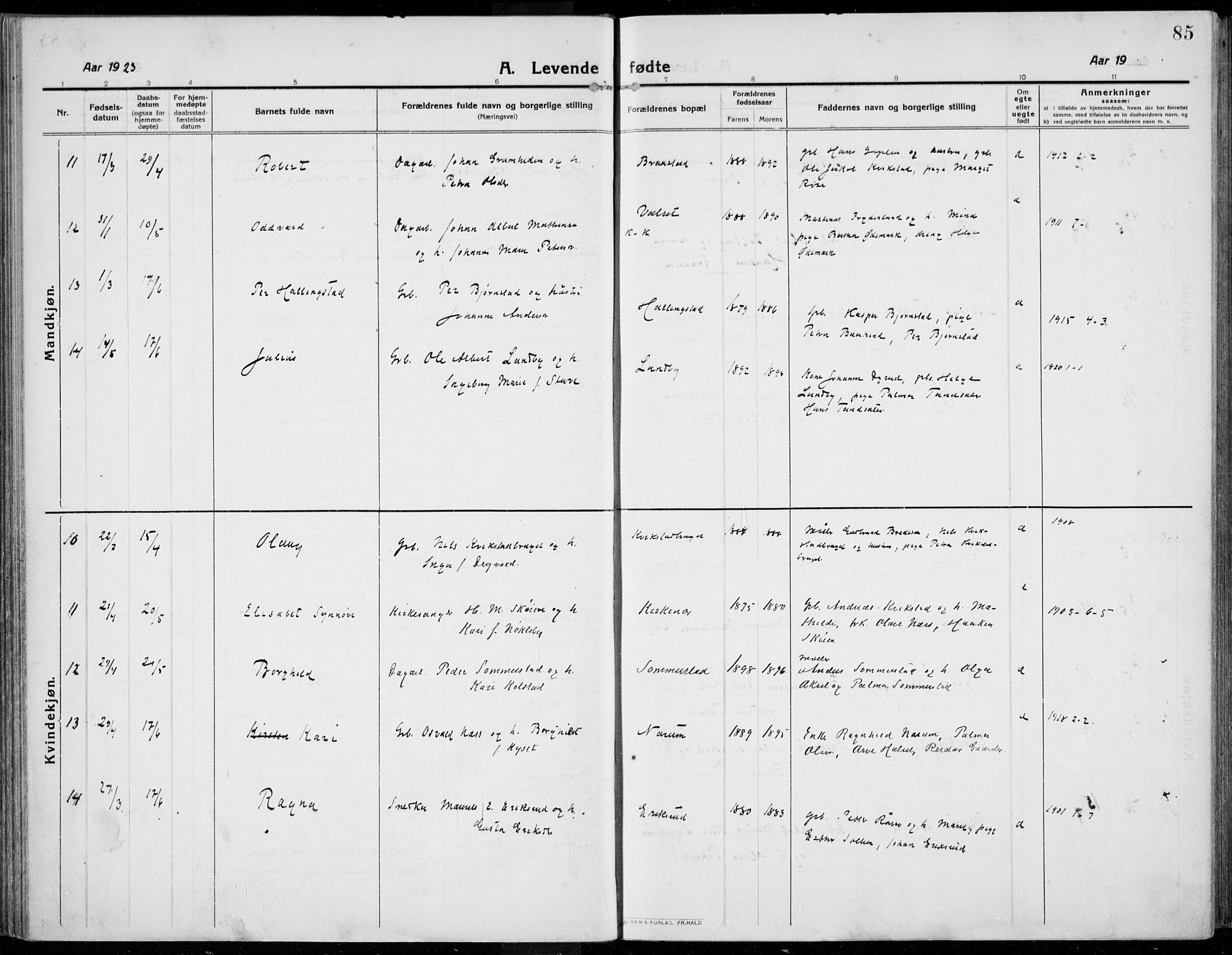 Kolbu prestekontor, AV/SAH-PREST-110/H/Ha/Haa/L0002: Parish register (official) no. 2, 1912-1926, p. 85