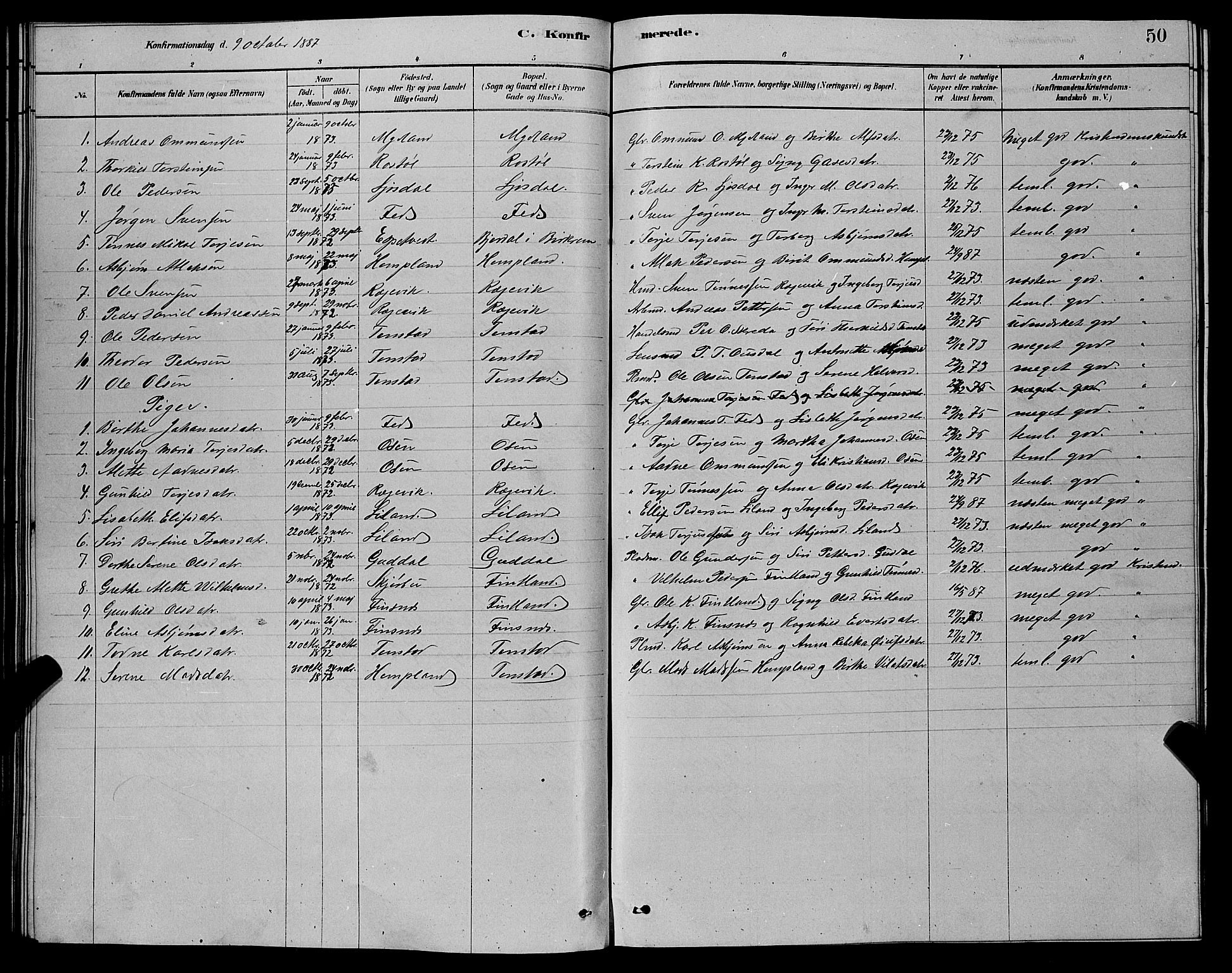 Sirdal sokneprestkontor, AV/SAK-1111-0036/F/Fb/Fbb/L0003: Parish register (copy) no. B 3, 1878-1894, p. 50