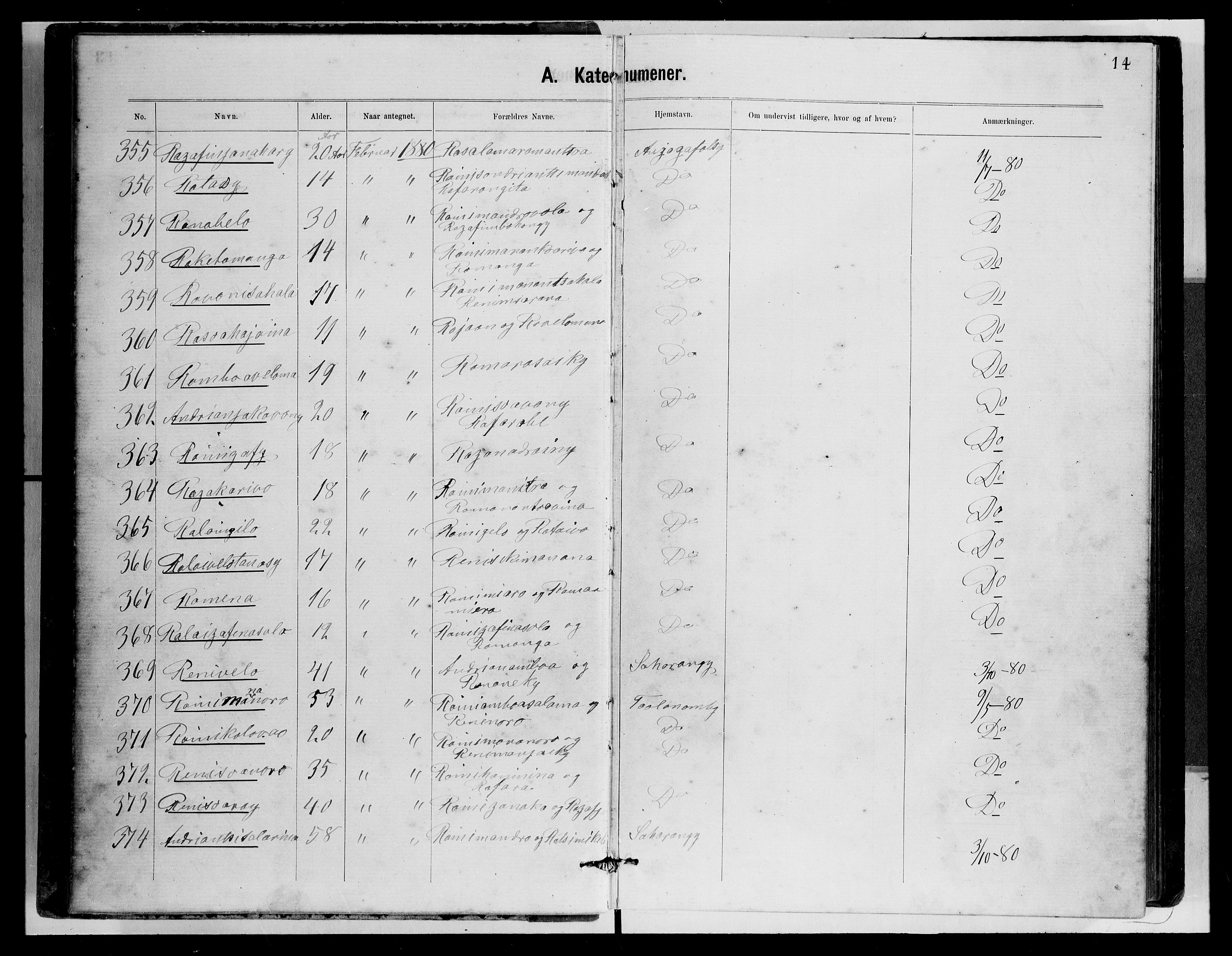 Archives FLM/NMS, Madagaskar, VID/MA-A-1163/D/Db/L0269: Parish register (official) no. 1, 1867-1884, p. 14