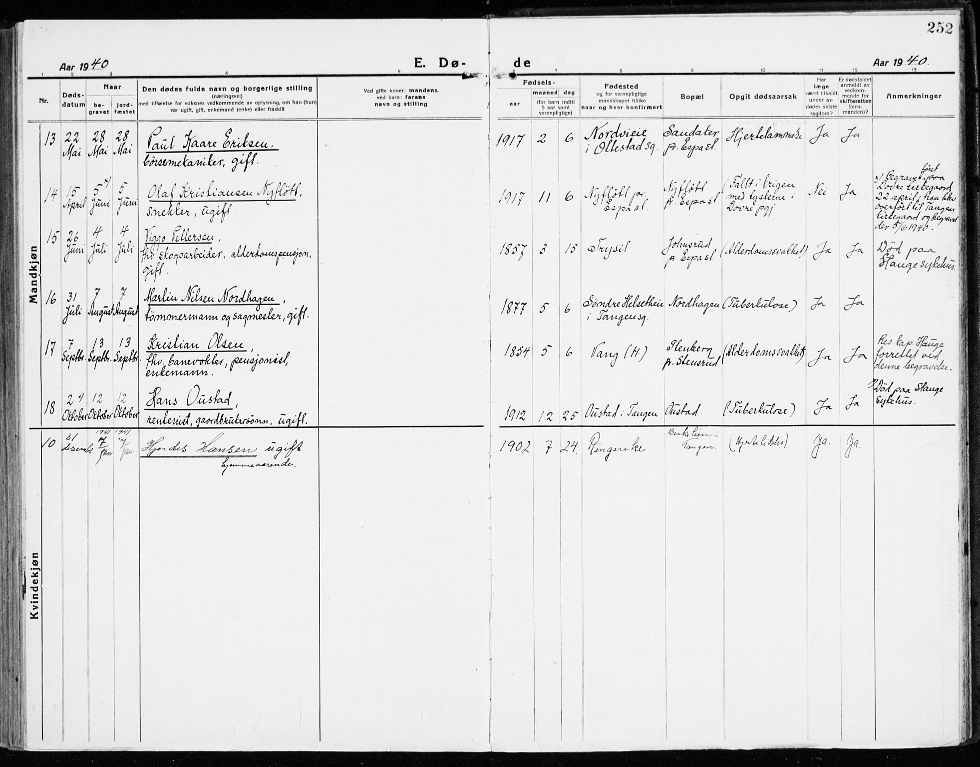 Stange prestekontor, AV/SAH-PREST-002/K/L0025: Parish register (official) no. 25, 1921-1945, p. 252