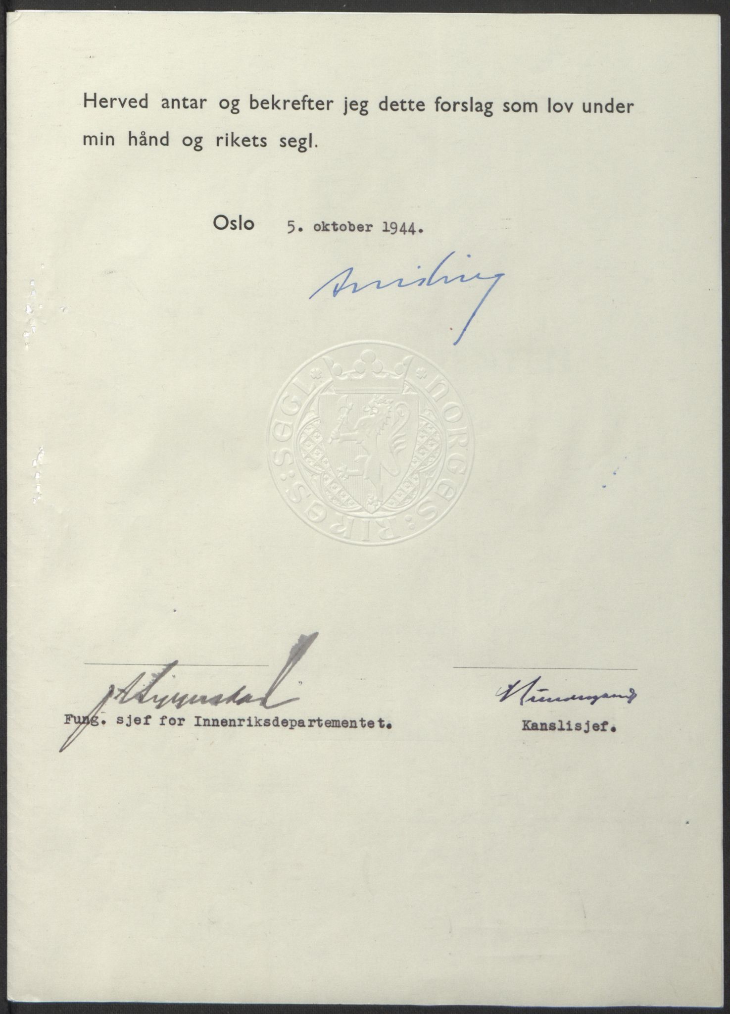 NS-administrasjonen 1940-1945 (Statsrådsekretariatet, de kommisariske statsråder mm), AV/RA-S-4279/D/Db/L0100: Lover, 1944, p. 475