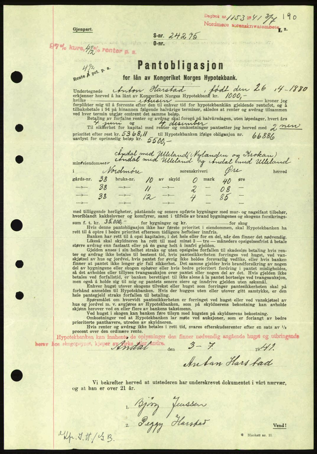 Nordmøre sorenskriveri, AV/SAT-A-4132/1/2/2Ca: Mortgage book no. B88, 1941-1942, Diary no: : 1153/1941