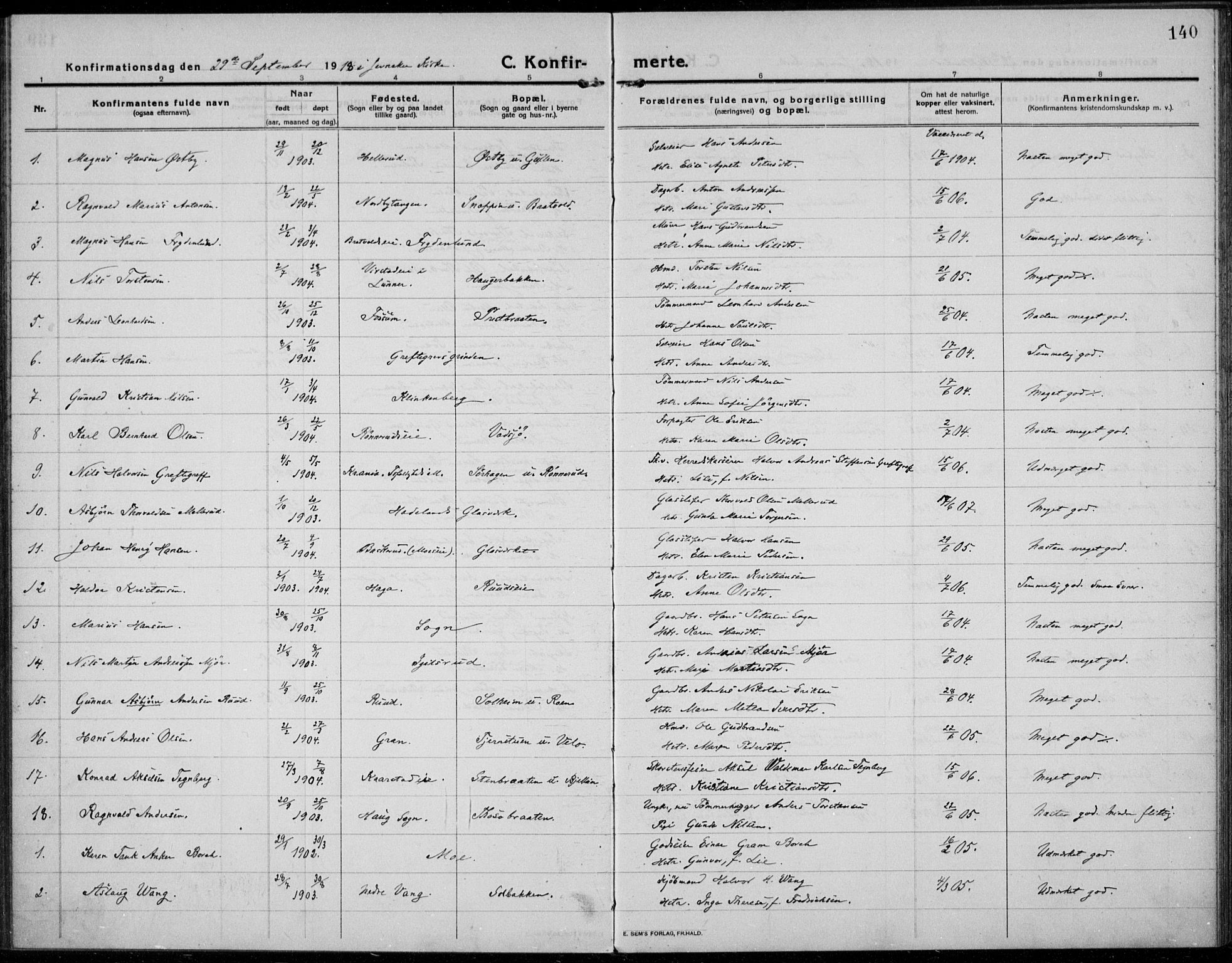 Jevnaker prestekontor, SAH/PREST-116/H/Ha/Haa/L0012: Parish register (official) no. 12, 1914-1924, p. 140