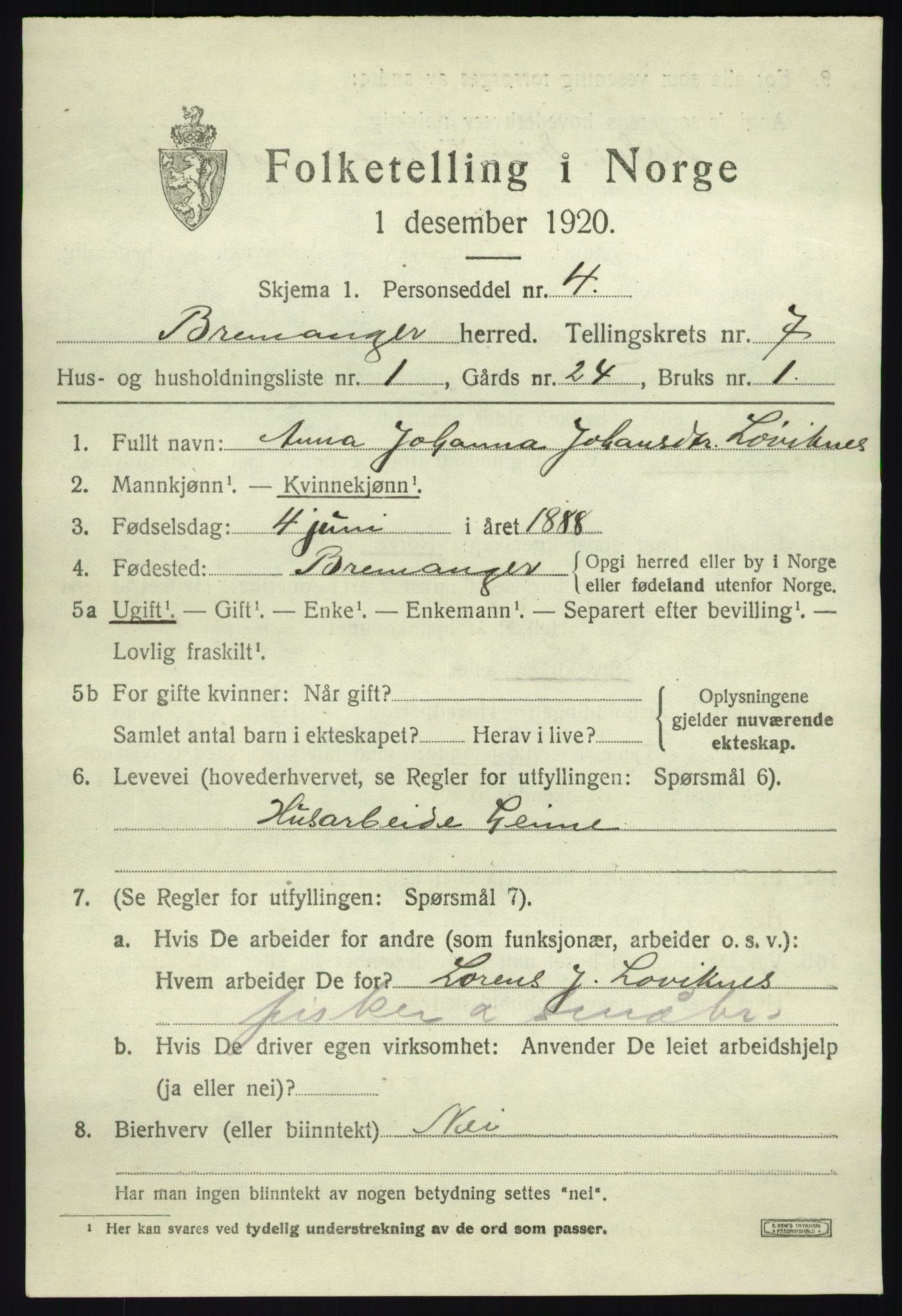 SAB, 1920 census for Bremanger, 1920, p. 4408