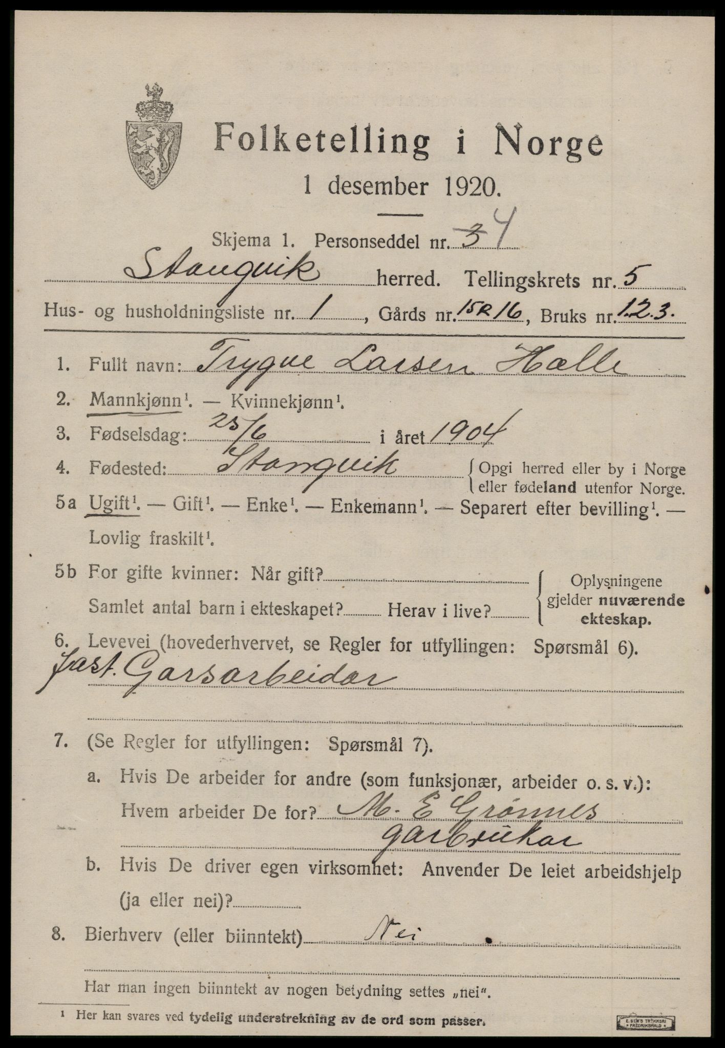 SAT, 1920 census for Stangvik, 1920, p. 3294