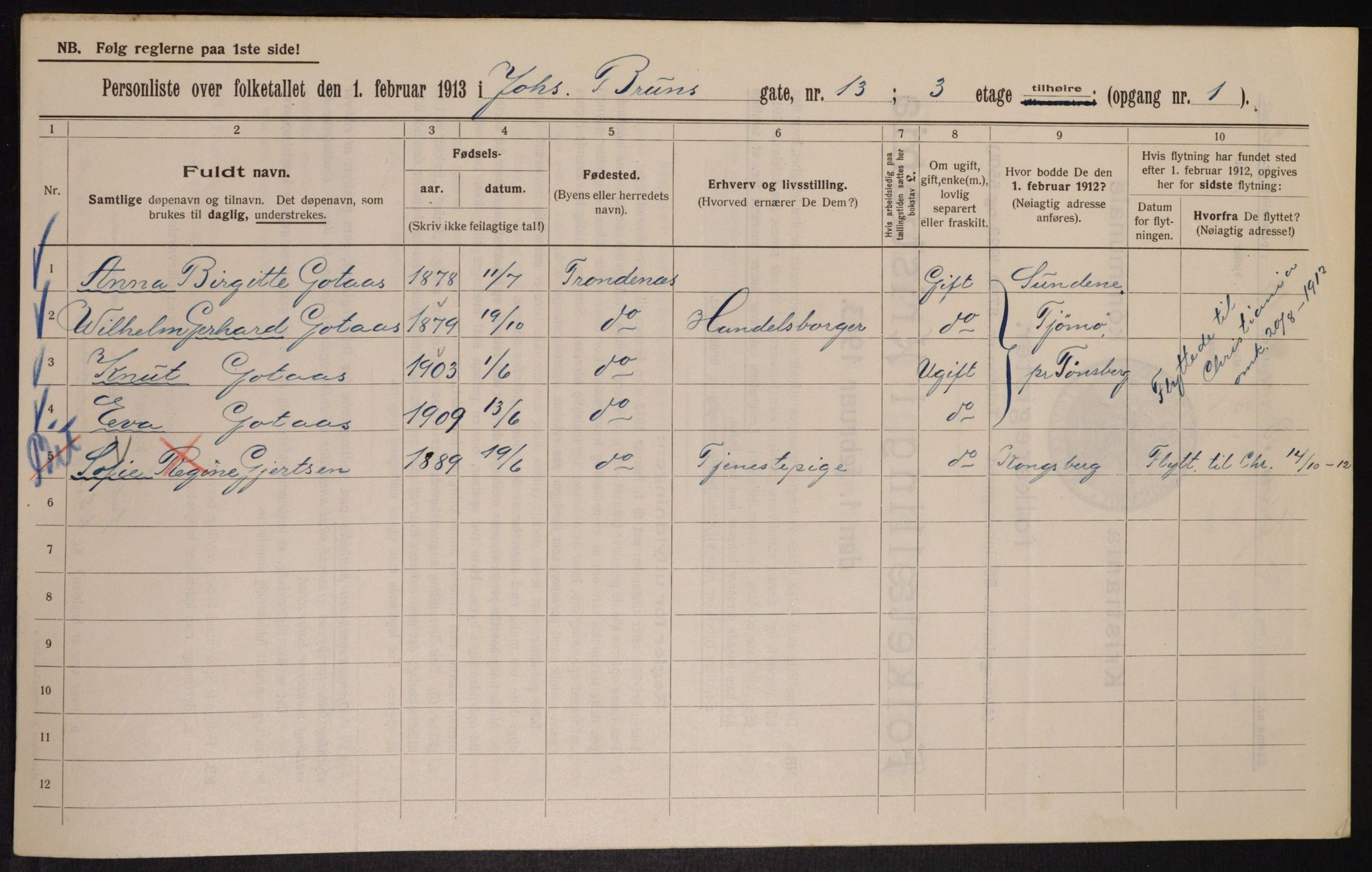 OBA, Municipal Census 1913 for Kristiania, 1913, p. 46910