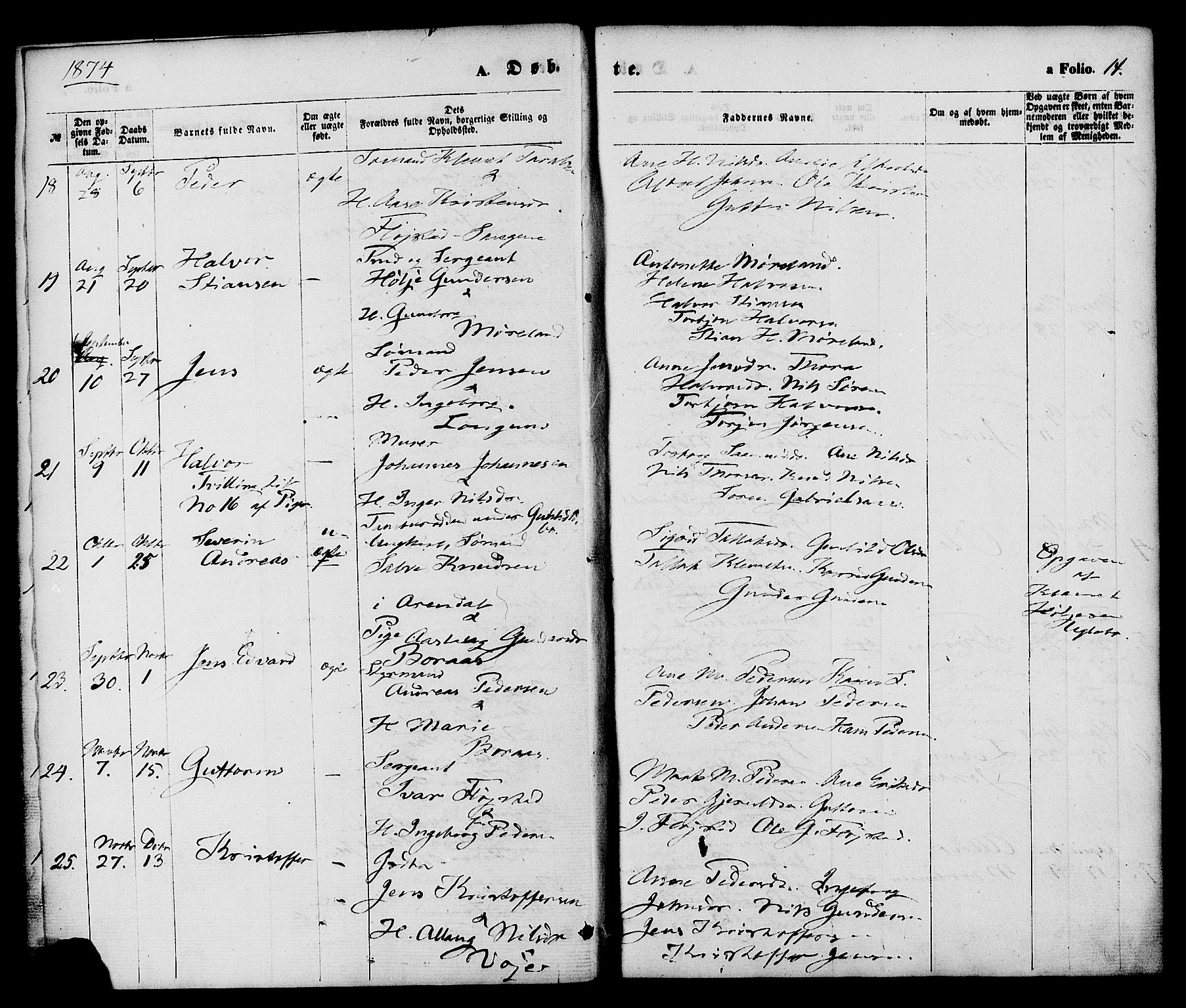 Austre Moland sokneprestkontor, AV/SAK-1111-0001/F/Fa/Faa/L0009: Parish register (official) no. A 9, 1869-1879, p. 14