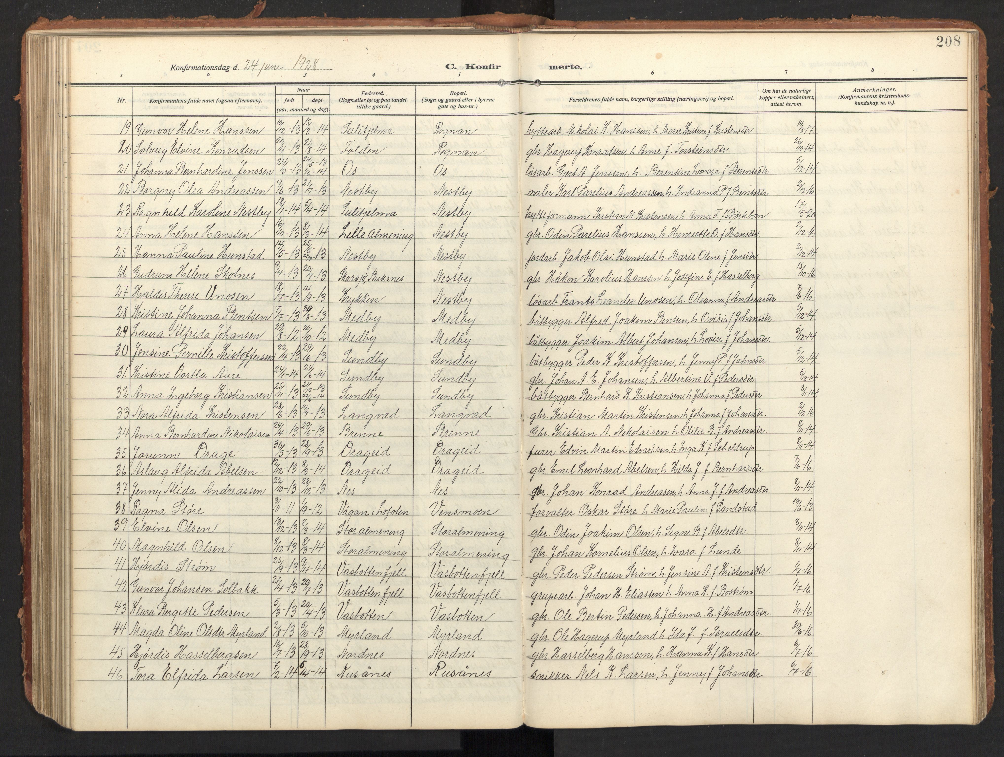 Ministerialprotokoller, klokkerbøker og fødselsregistre - Nordland, SAT/A-1459/847/L0683: Parish register (copy) no. 847C11, 1908-1929, p. 208