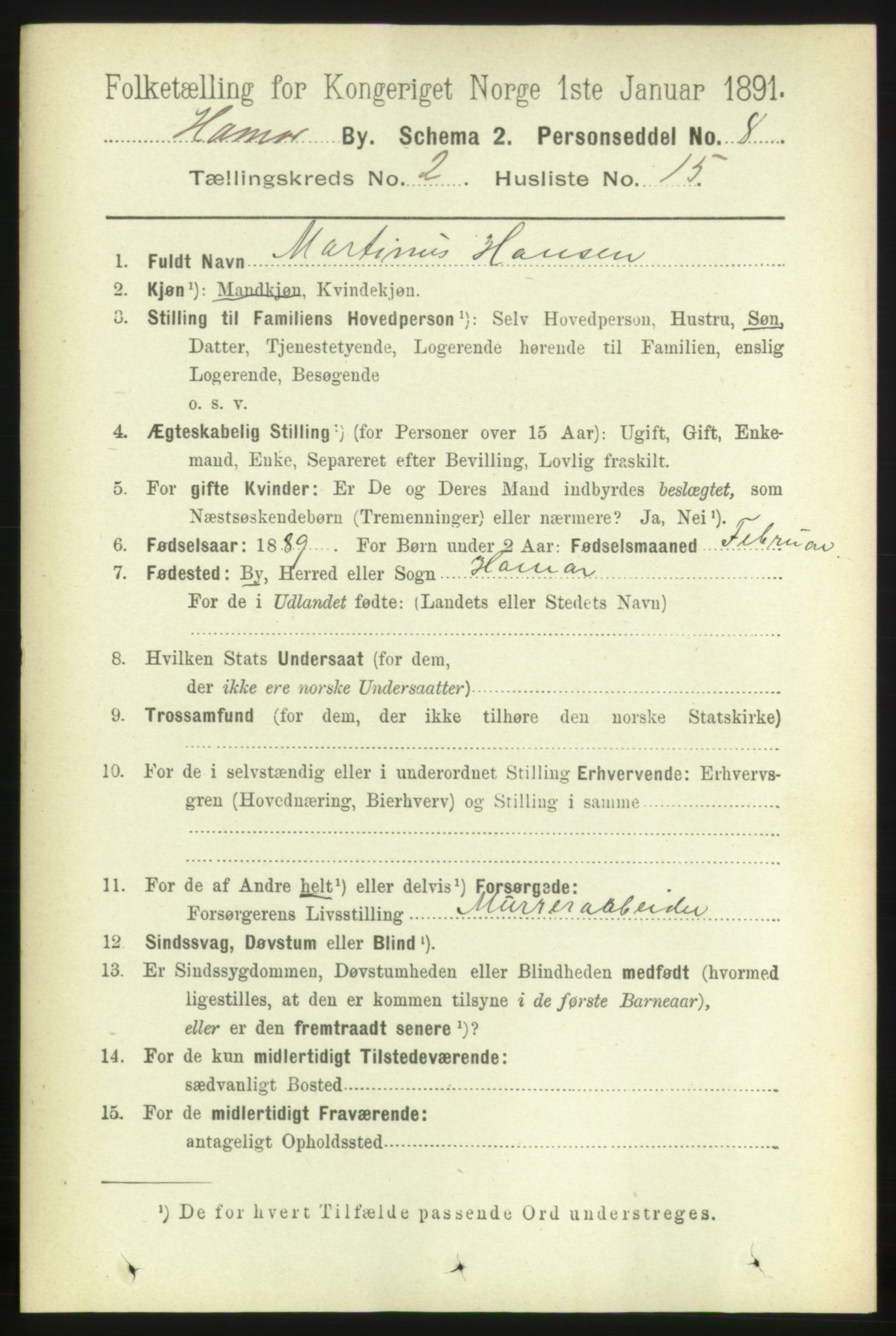 RA, 1891 census for 0401 Hamar, 1891, p. 1197