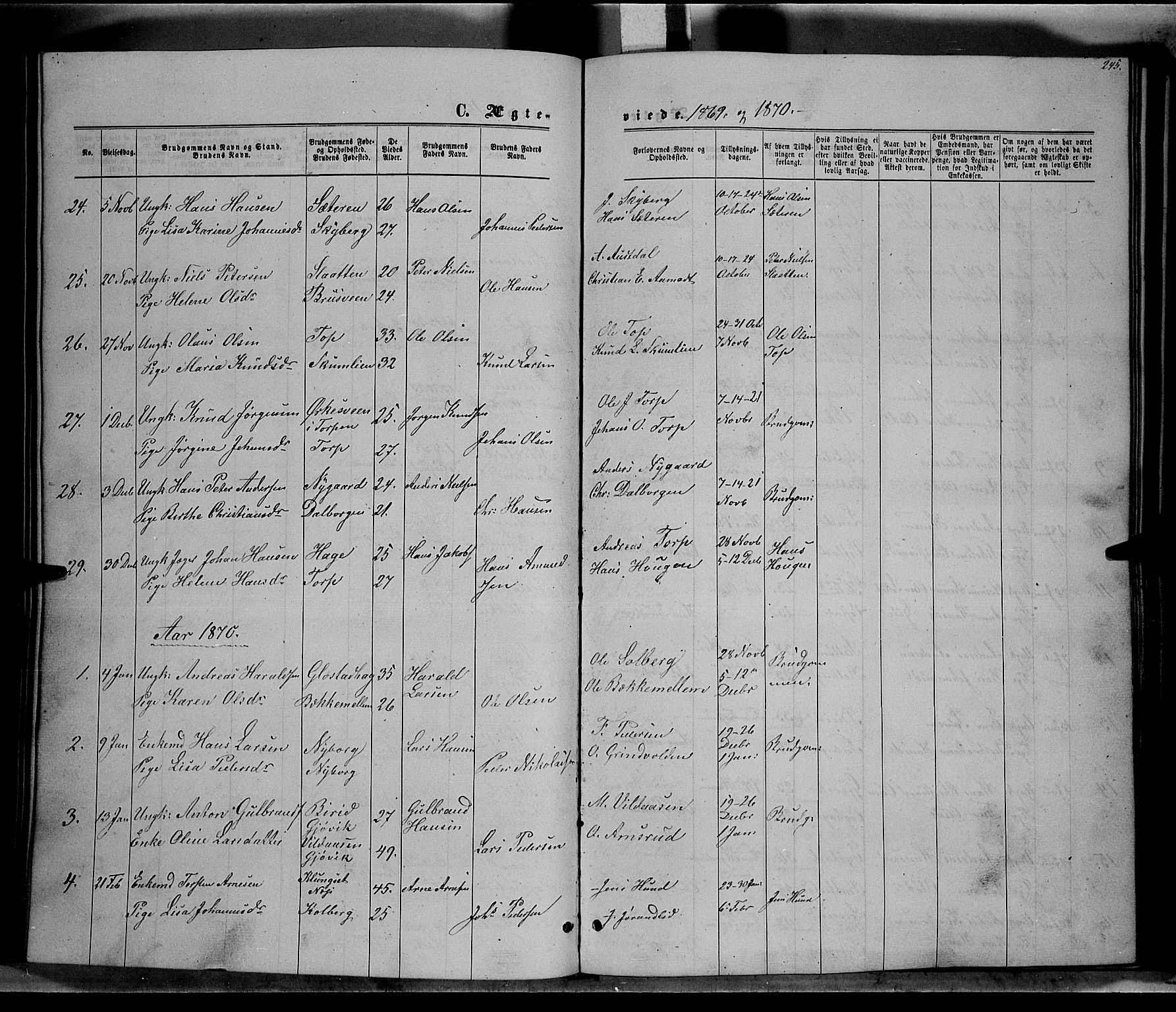 Vardal prestekontor, SAH/PREST-100/H/Ha/Hab/L0006: Parish register (copy) no. 6, 1869-1881, p. 245