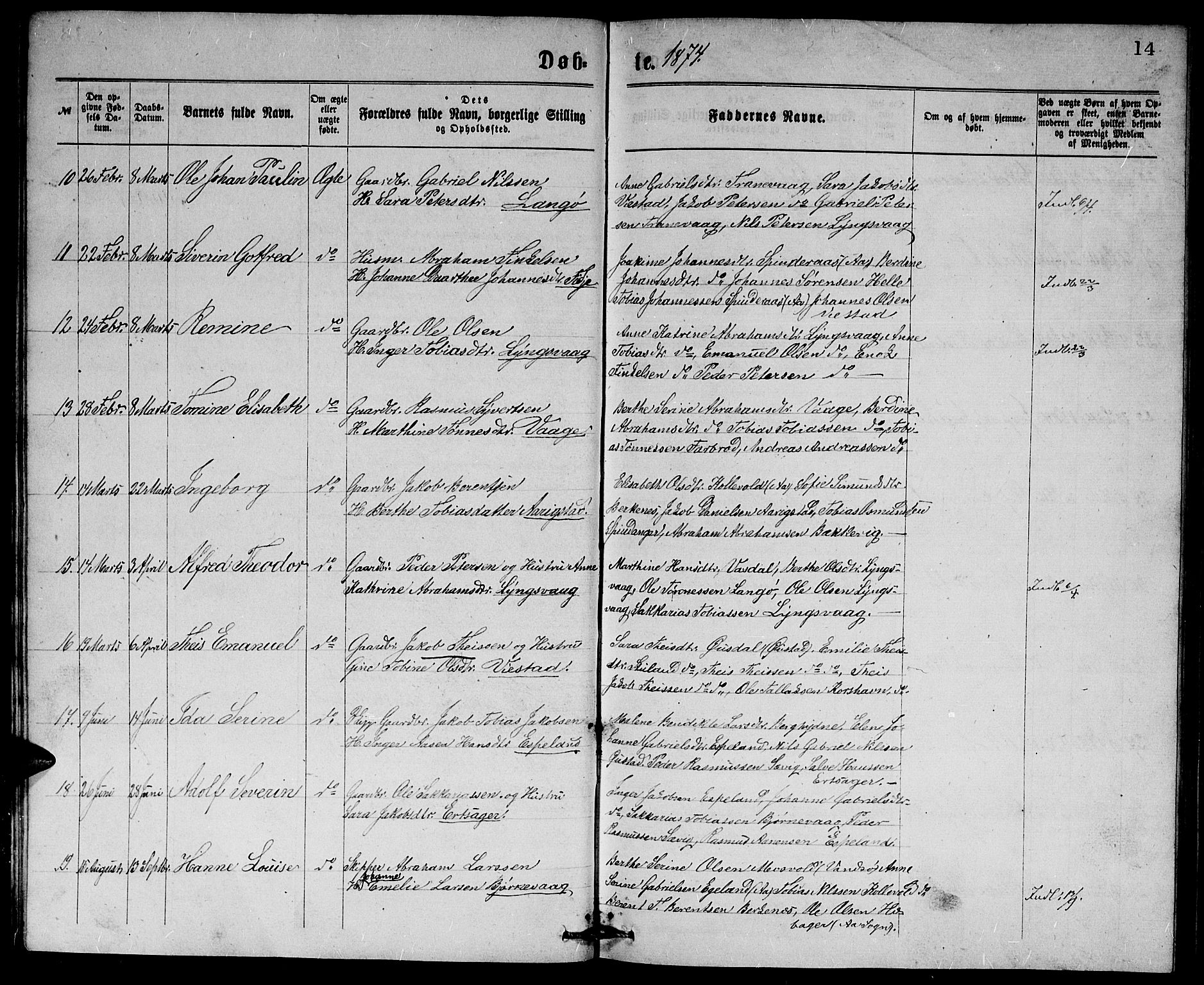 Herad sokneprestkontor, SAK/1111-0018/F/Fb/Fbb/L0003: Parish register (copy) no. B 3, 1872-1889, p. 14