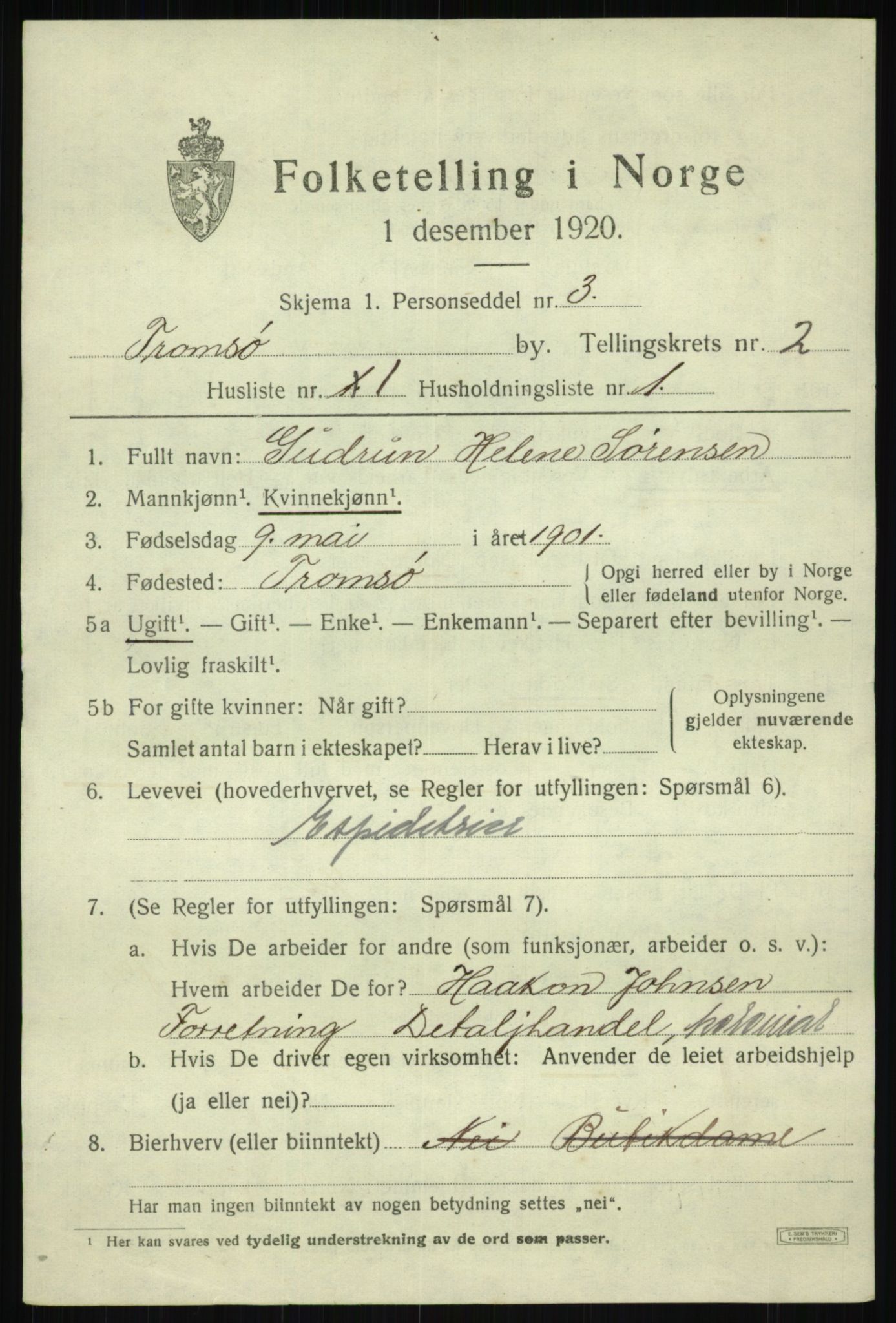 SATØ, 1920 census for Tromsø, 1920, p. 8736