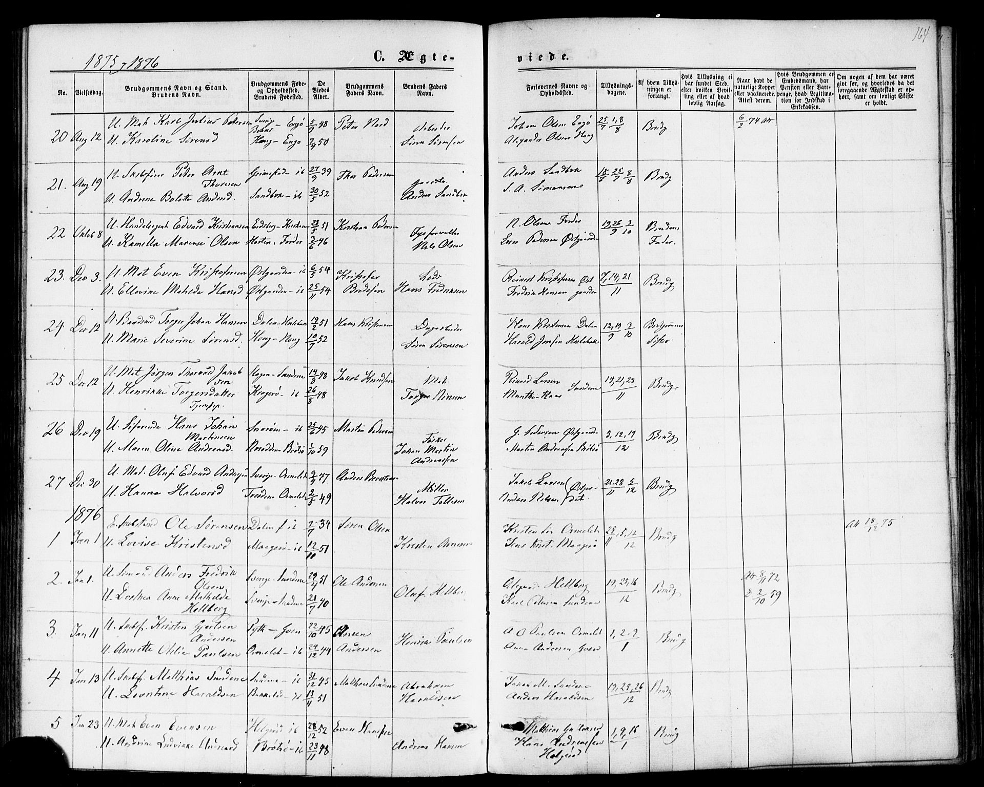 Nøtterøy kirkebøker, AV/SAKO-A-354/F/Fb/L0001: Parish register (official) no. II 1, 1865-1878, p. 164