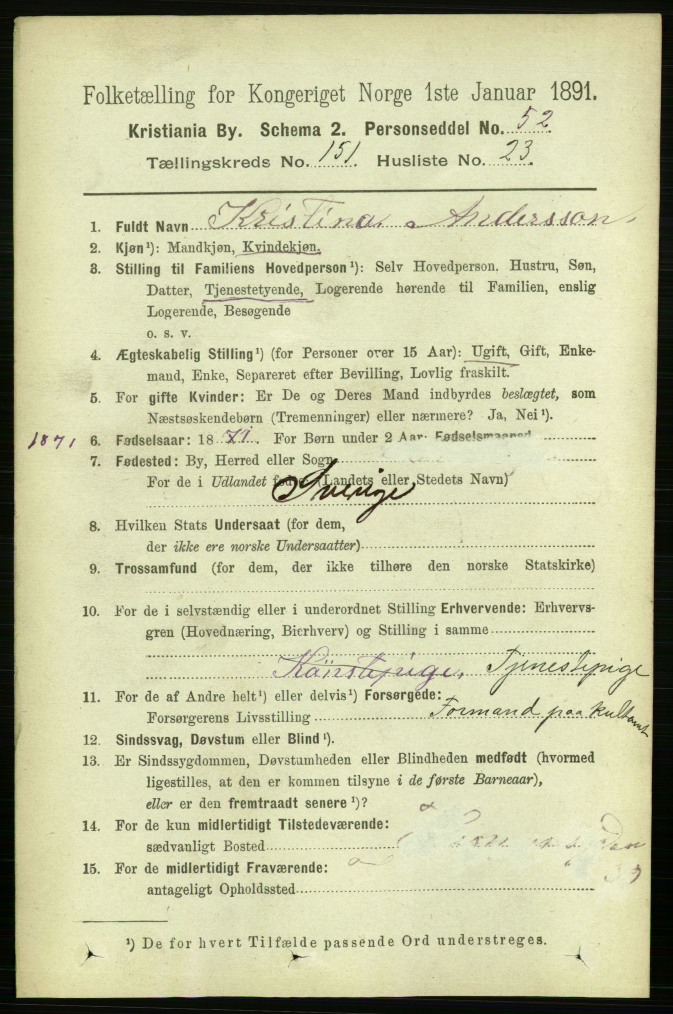 RA, 1891 census for 0301 Kristiania, 1891, p. 84997