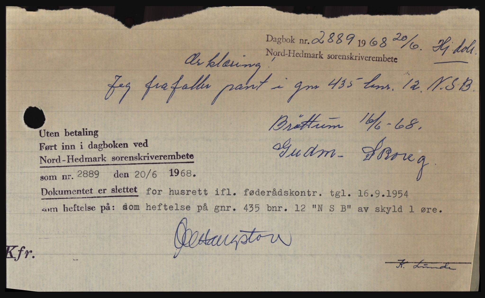 Nord-Hedmark sorenskriveri, SAH/TING-012/H/Hc/L0028: Mortgage book no. 28, 1968-1968, Diary no: : 2889/1968
