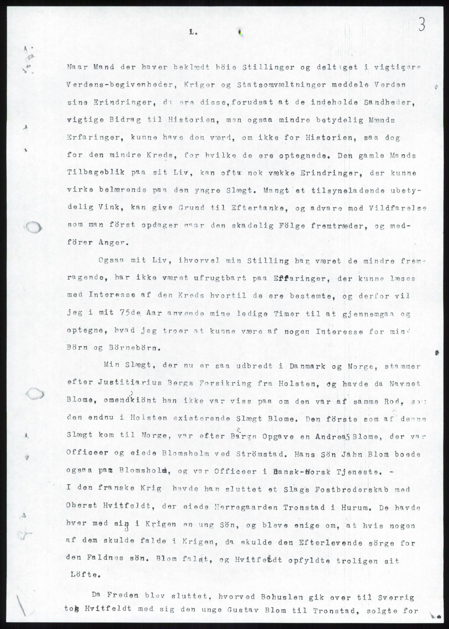 Blom, Gustav Peter, AV/RA-PA-0568/F/L0002/0001: Transkripsjoner, brev og manuskript / Transkripsjon av manuskript med G. P. Bloms erindringer, del A (ved Peter Julius Blom?), p. 3