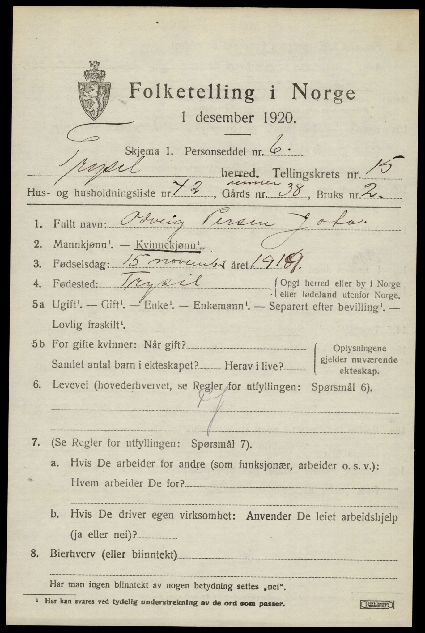 SAH, 1920 census for Trysil, 1920, p. 9401