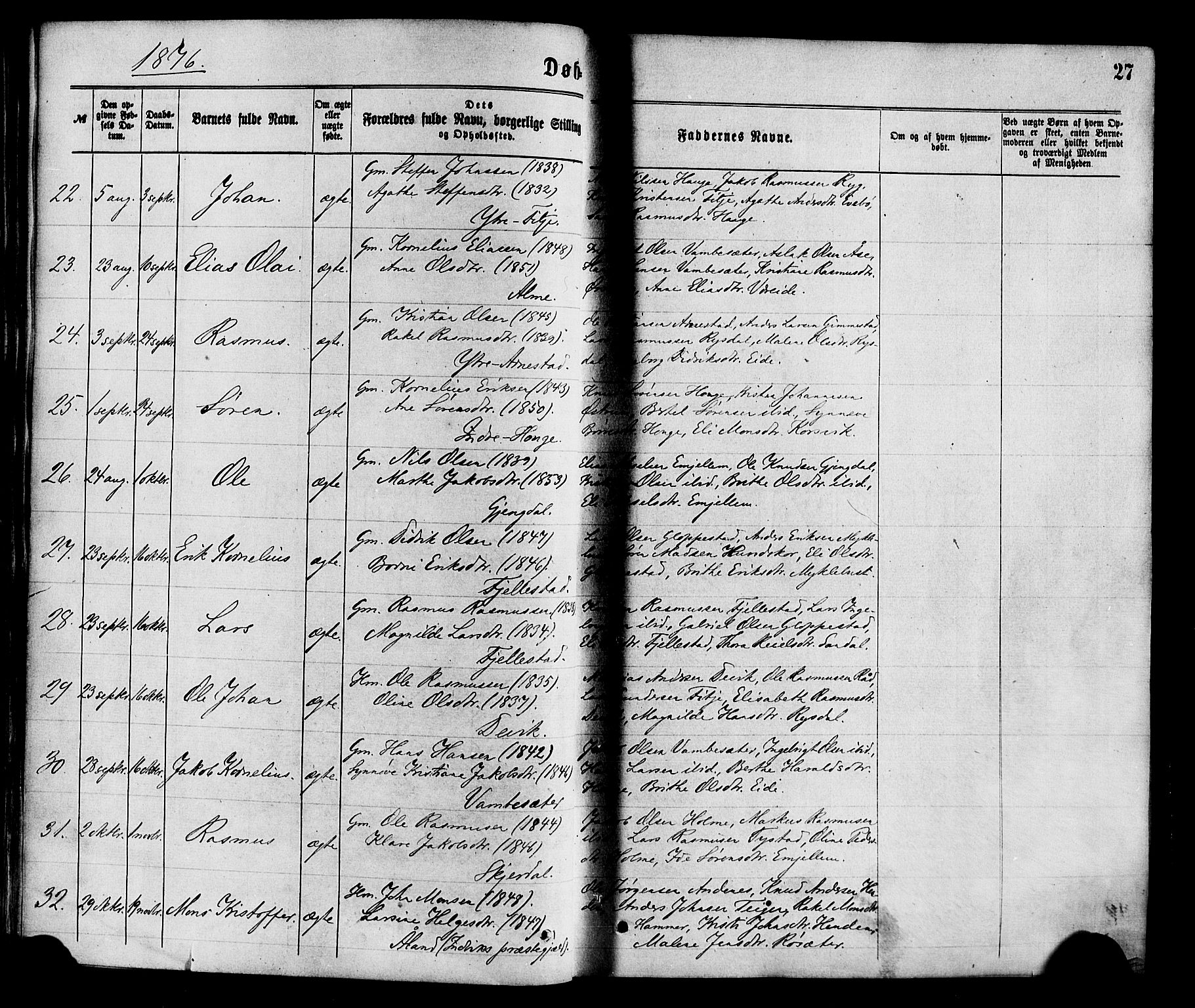 Gloppen sokneprestembete, SAB/A-80101/H/Haa/Haaa/L0010: Parish register (official) no. A 10, 1871-1884, p. 27