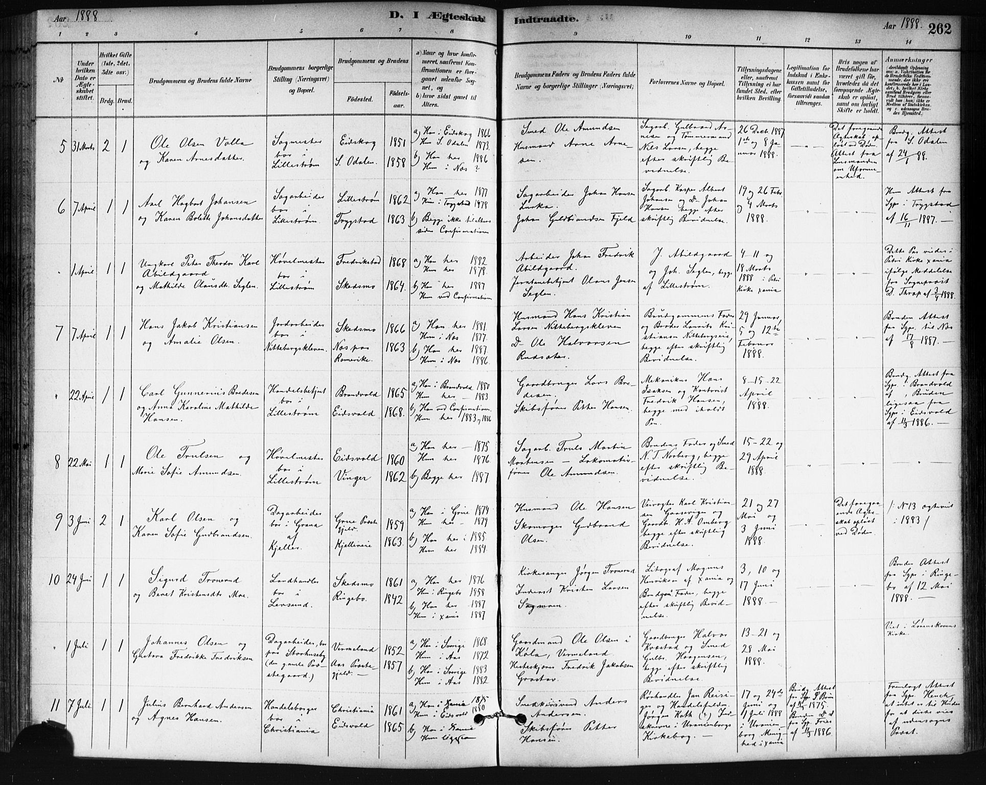 Skedsmo prestekontor Kirkebøker, SAO/A-10033a/G/Ga/L0004: Parish register (copy) no. I 4, 1883-1895, p. 262
