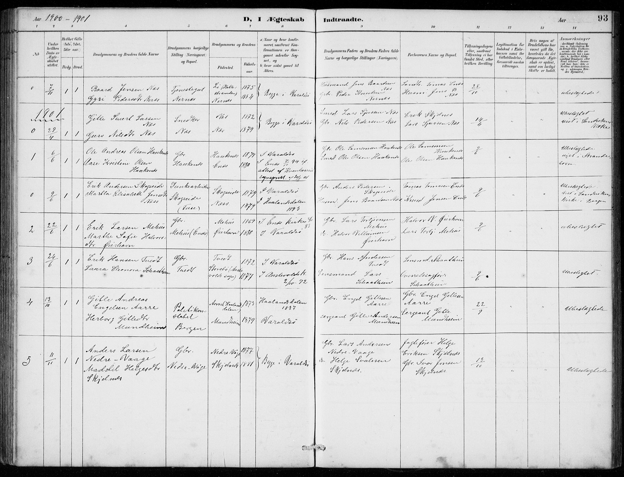 Strandebarm sokneprestembete, SAB/A-78401/H/Hab: Parish register (copy) no. C  1, 1891-1913, p. 93