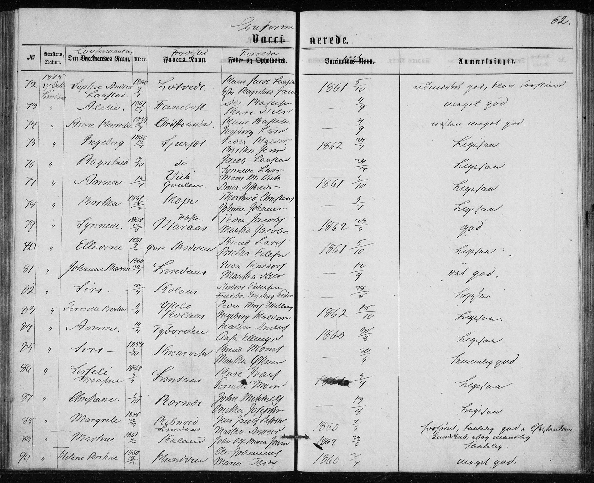 Lindås Sokneprestembete, AV/SAB-A-76701/H/Haa/Haaa/L0017: Parish register (official) no. A 17, 1874-1877, p. 62