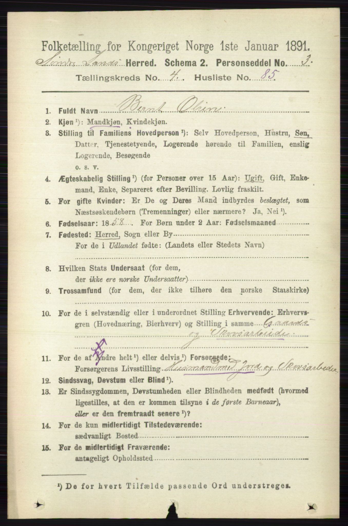 RA, 1891 census for 0536 Søndre Land, 1891, p. 4502