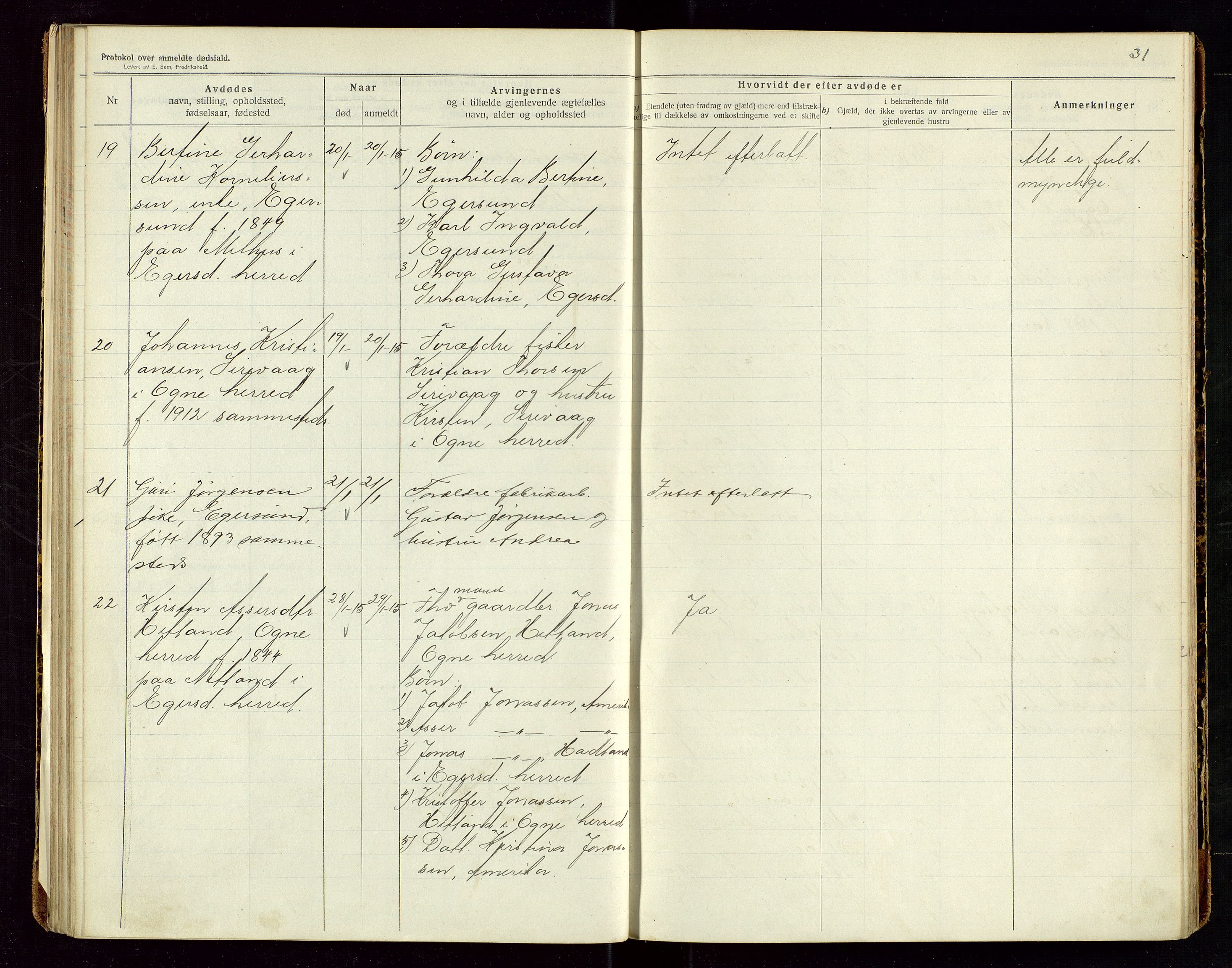 Eigersund lensmannskontor, SAST/A-100171/Gga/L0006: "Protokol over anmeldte dødsfald" m/alfabetisk navneregister, 1914-1917, p. 31