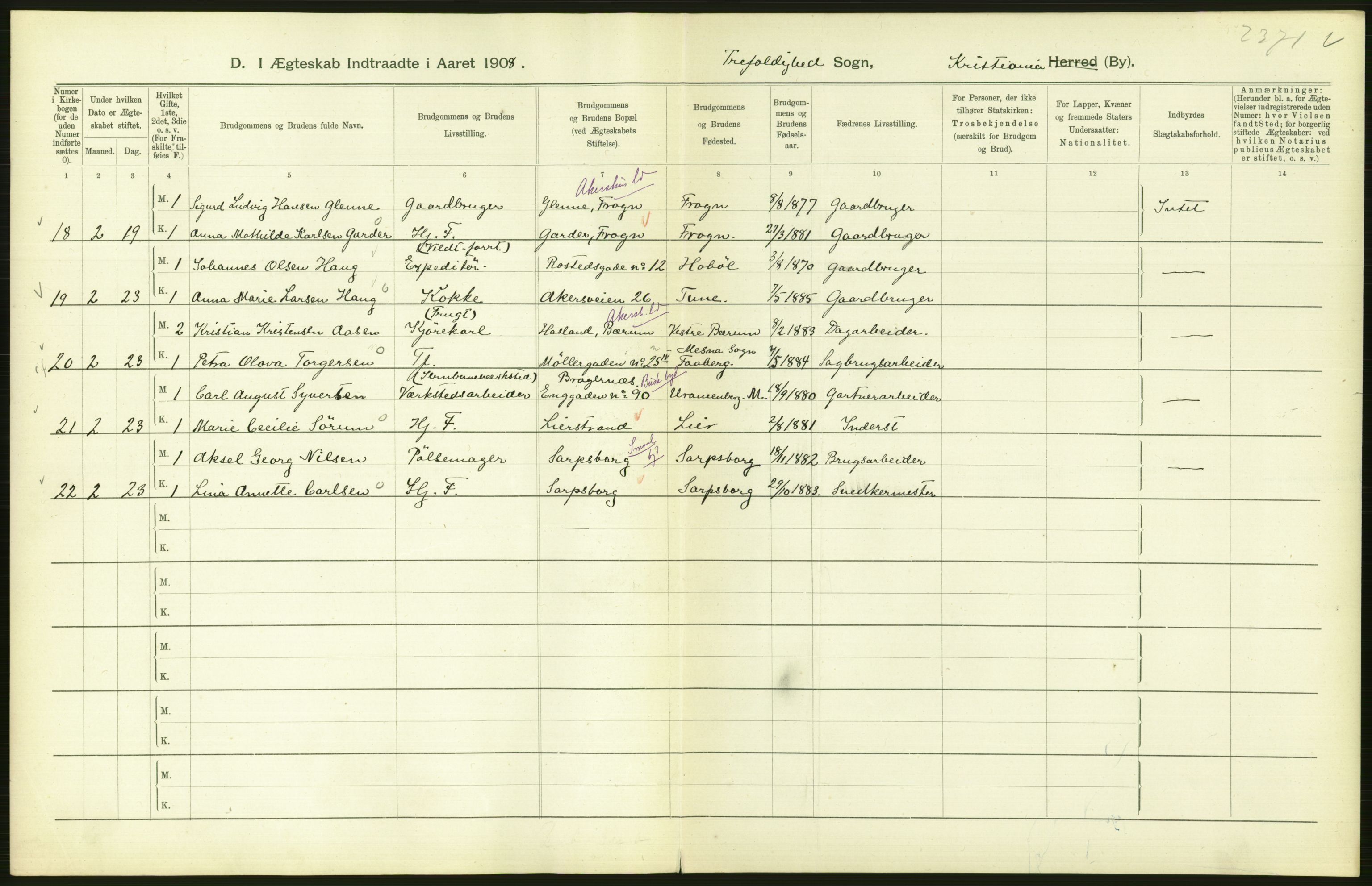 Statistisk sentralbyrå, Sosiodemografiske emner, Befolkning, AV/RA-S-2228/D/Df/Dfa/Dfaf/L0007: Kristiania: Gifte, 1908, p. 404