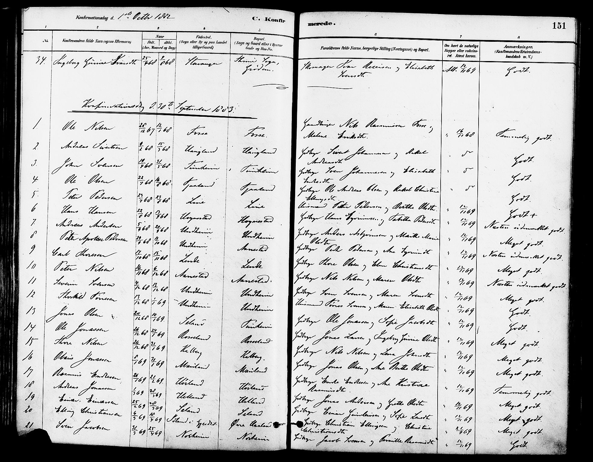 Lye sokneprestkontor, SAST/A-101794/001/30BA/L0009: Parish register (official) no. A 8, 1881-1892, p. 151
