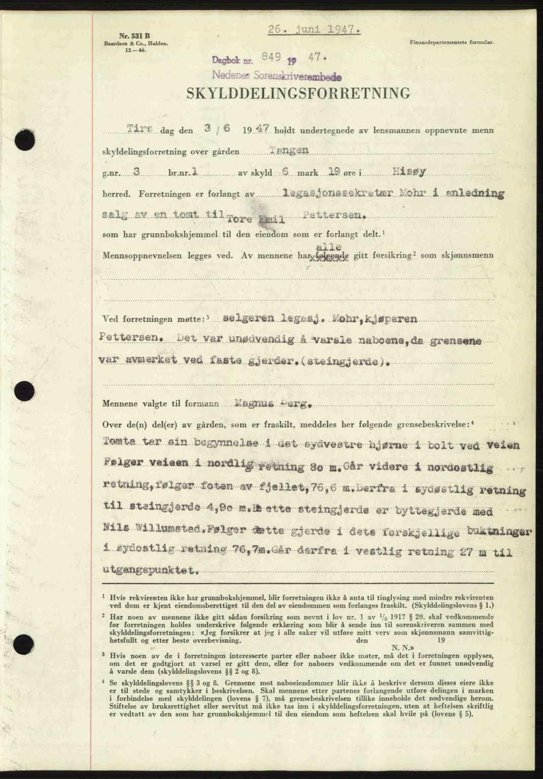 Nedenes sorenskriveri, AV/SAK-1221-0006/G/Gb/Gba/L0057: Mortgage book no. A9, 1947-1947, Diary no: : 849/1947