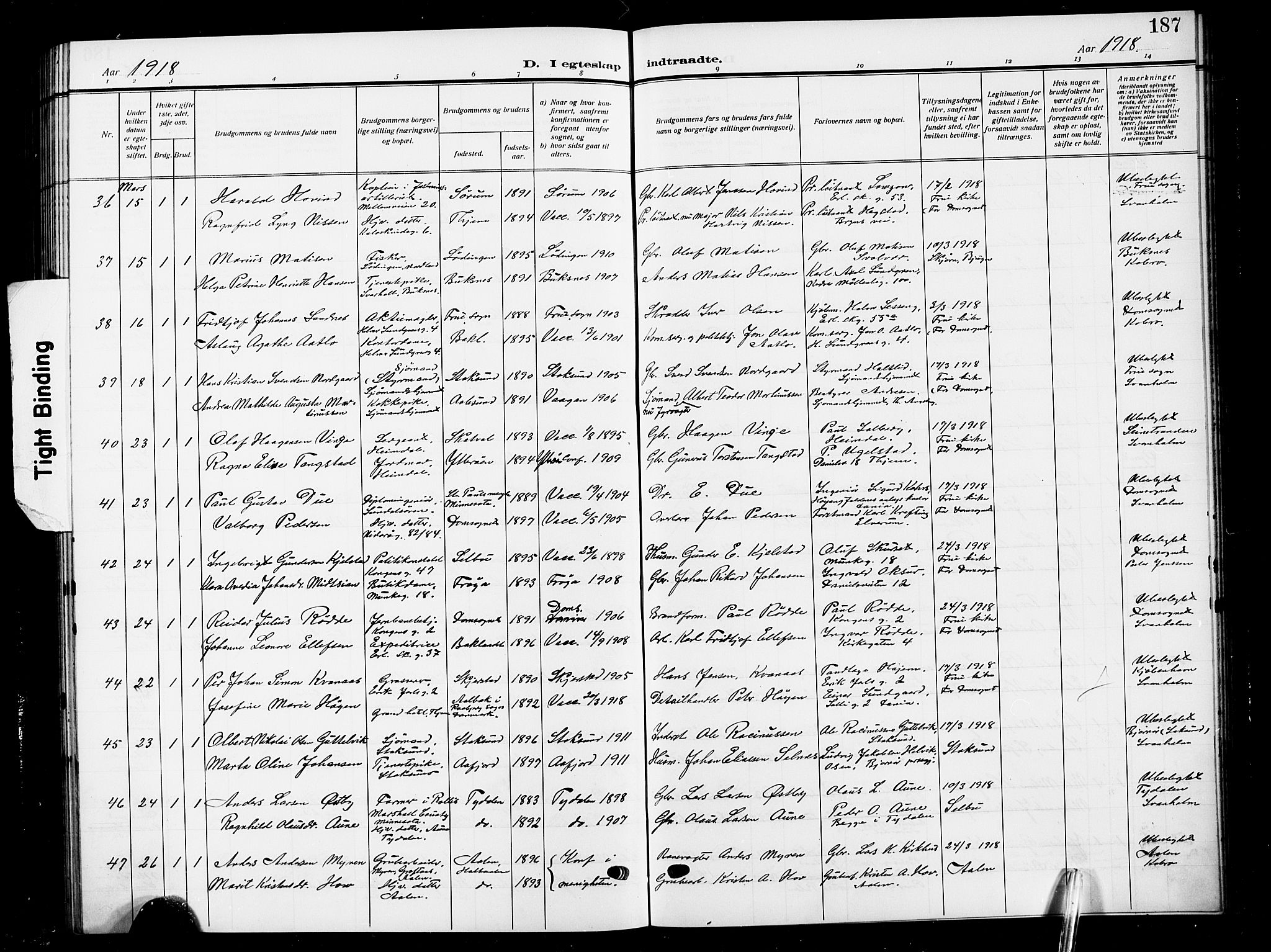 Ministerialprotokoller, klokkerbøker og fødselsregistre - Sør-Trøndelag, AV/SAT-A-1456/601/L0097: Parish register (copy) no. 601C15, 1911-1921, p. 187