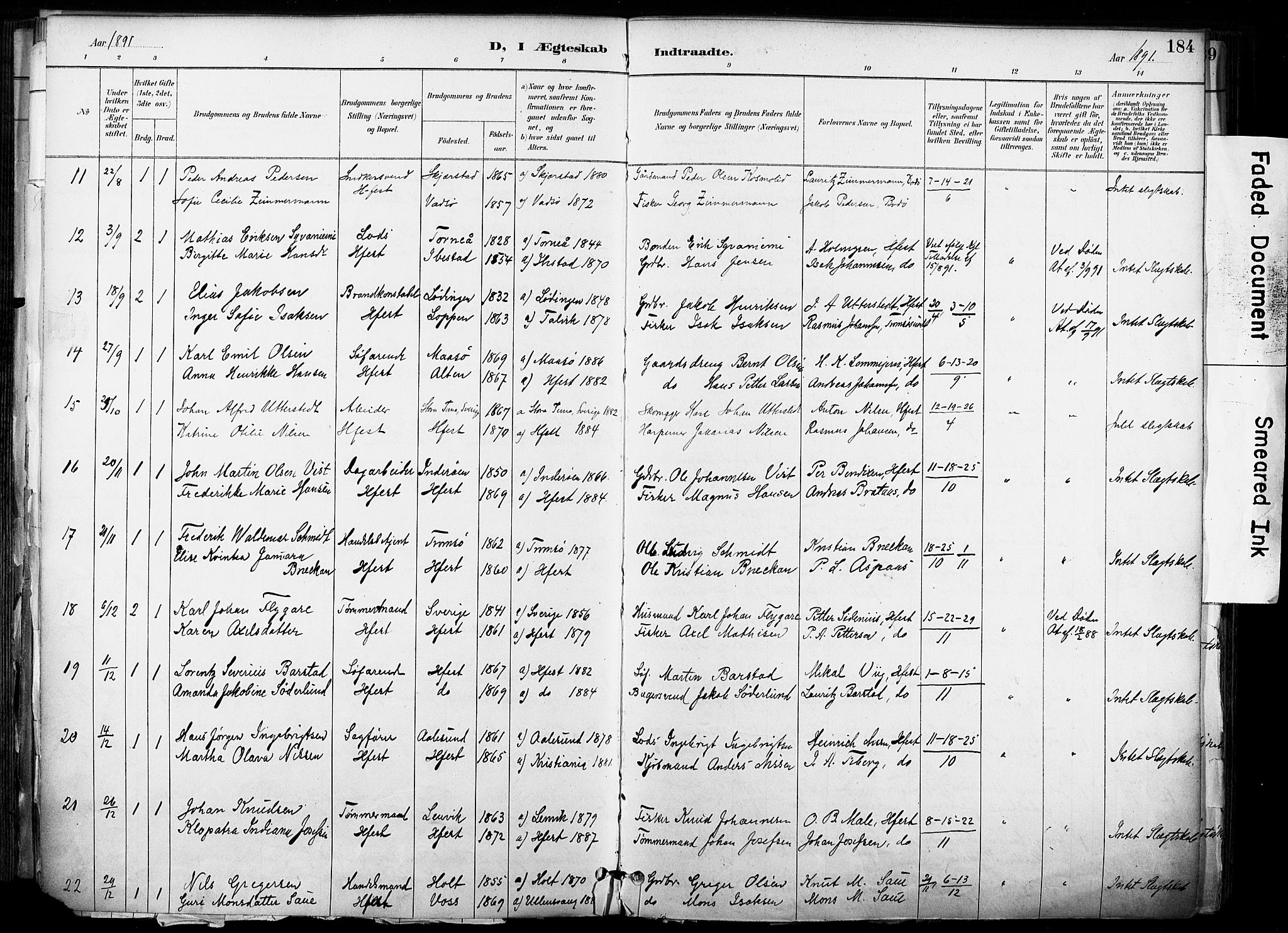 Hammerfest sokneprestkontor, SATØ/S-1347/H/Ha/L0009.kirke: Parish register (official) no. 9, 1889-1897, p. 184