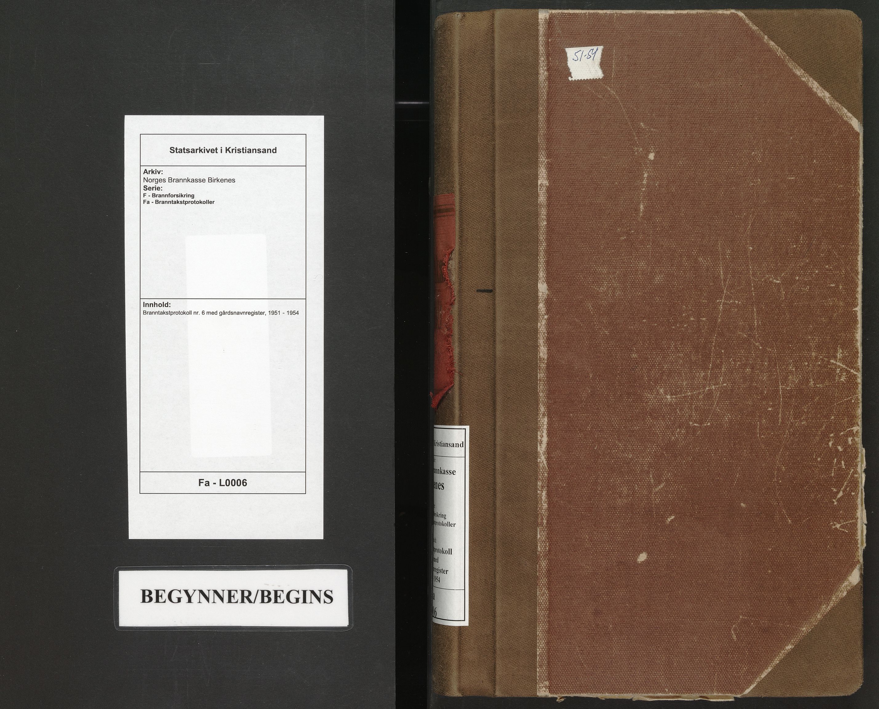 Norges Brannkasse Birkenes, AV/SAK-2241-0005/F/Fa/L0006: Branntakstprotokoll nr. 6 med gårdsnavnregister, 1951-1954