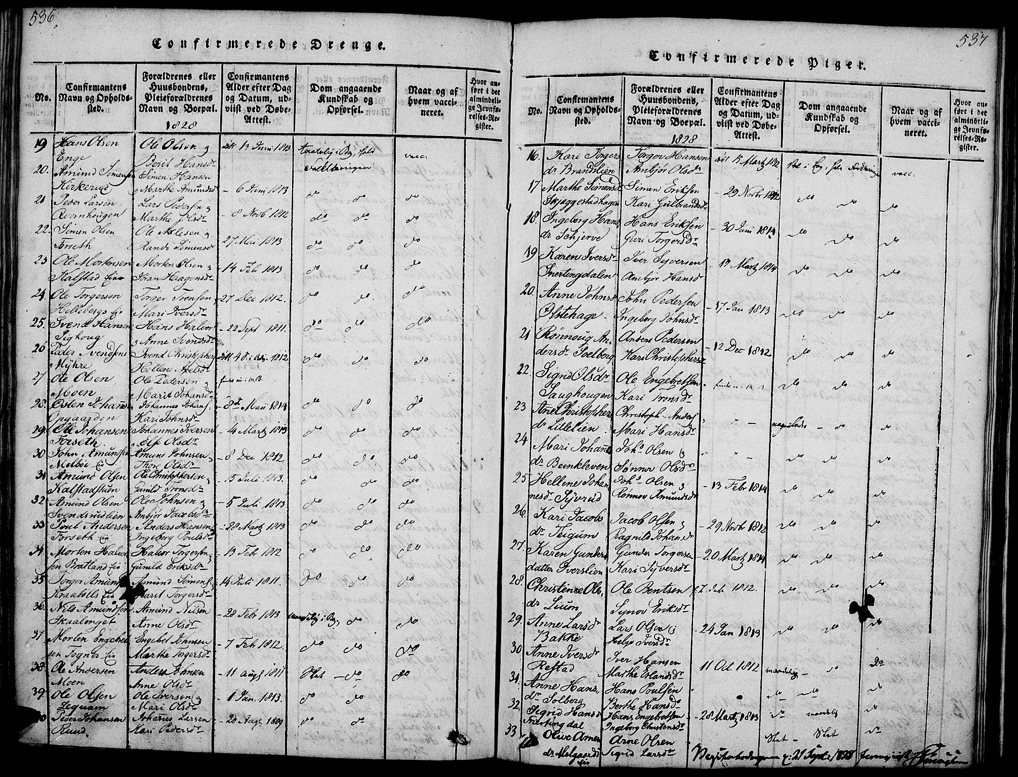 Gausdal prestekontor, SAH/PREST-090/H/Ha/Haa/L0005: Parish register (official) no. 5, 1817-1829, p. 536-537